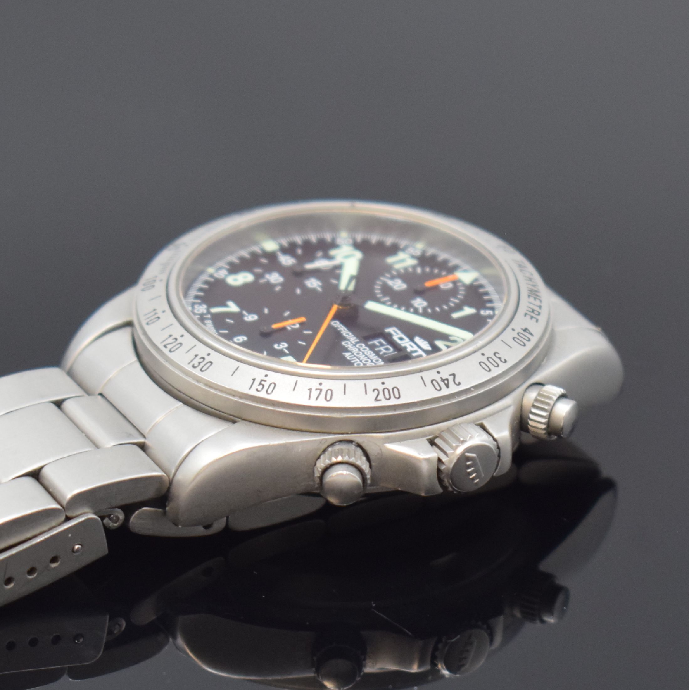 Detail c: FORTIS Official Cosmonauts Chronograph in Stahl Referenz 630.22.141, Schweiz um 1997, Automatik, matt. Geh., Boden, Krone u. Drücker verschr., ...