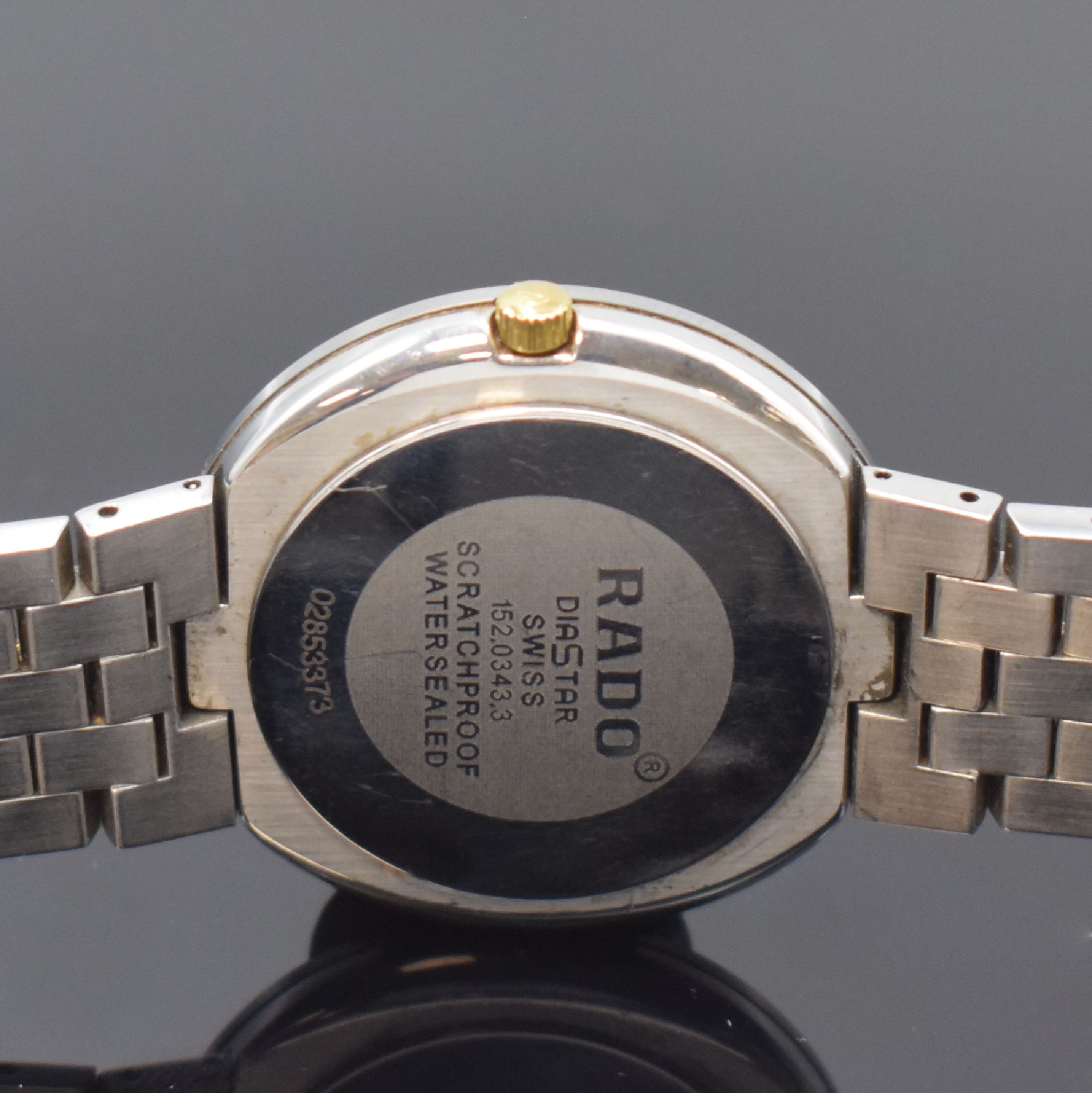 Detail c: RADO Diastar Herrenarmbanduhr in Stahl Referenz 152.0343.3, Schweiz um 2010, quarz, orig. Gliederband m. dopp. Faltschl., Boden aufgedr., schwarzes ...