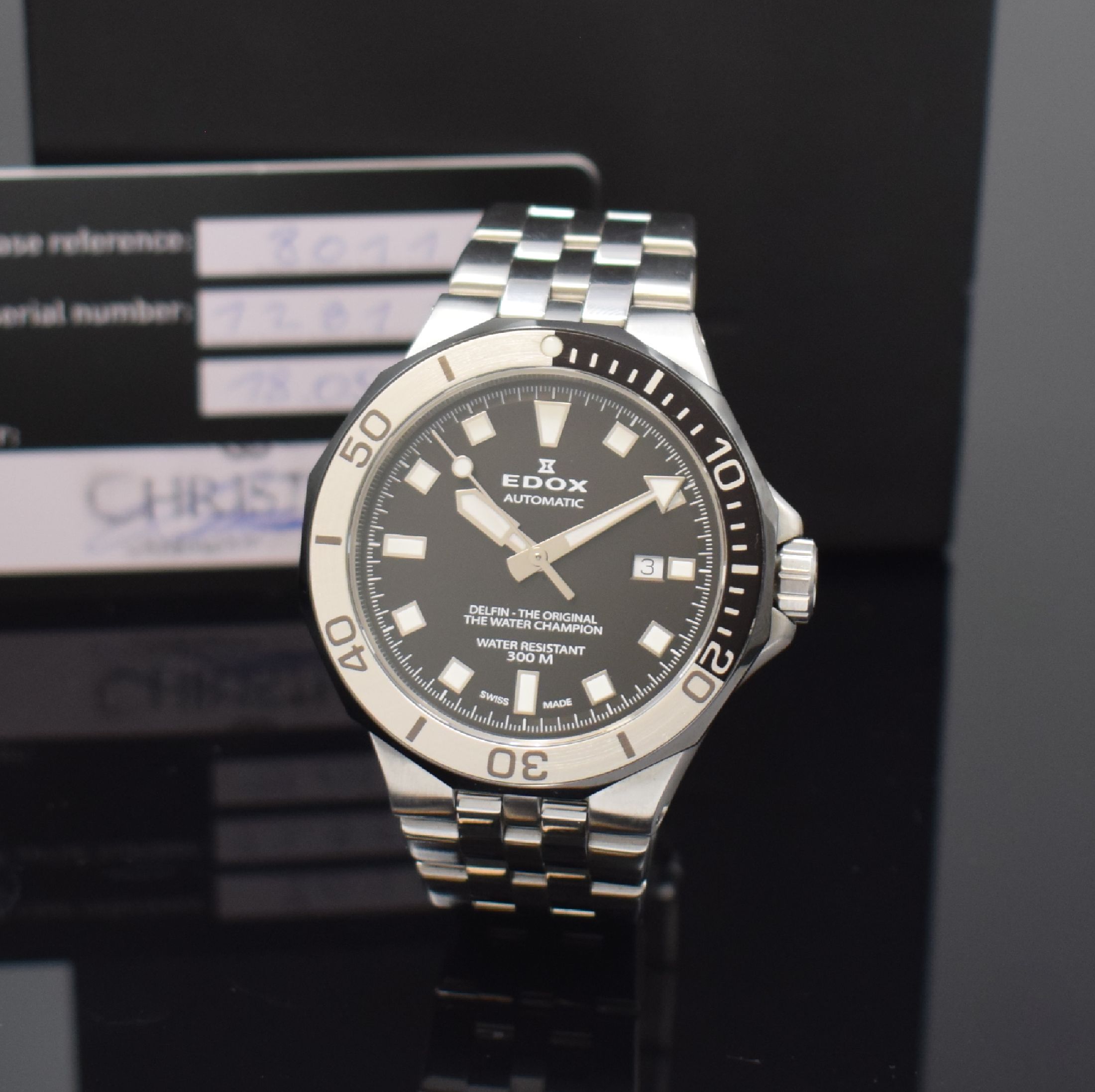 EDOX Delfin Herrenarmbanduhr in Stahl Referenz 80110, Schweiz verk. lt. beil. Pap. 05/2020, Automatik, Gliederband m. dopp. Faltschl., Boden u. Krone ...