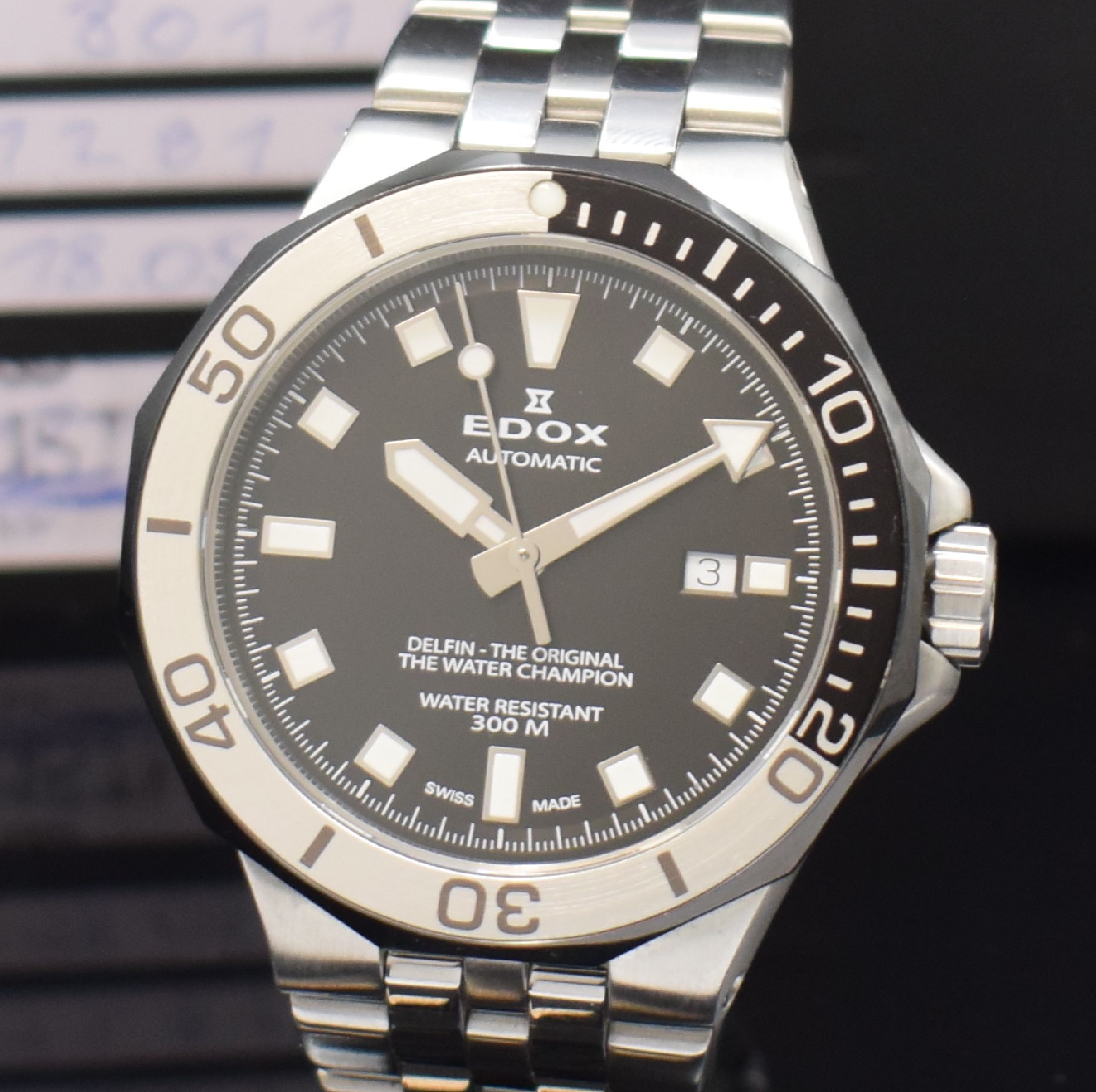 Detail a: EDOX Delfin Herrenarmbanduhr in Stahl Referenz 80110, Schweiz verk. lt. beil. Pap. 05/2020, Automatik, Gliederband m. dopp. Faltschl., Boden u. Krone ...
