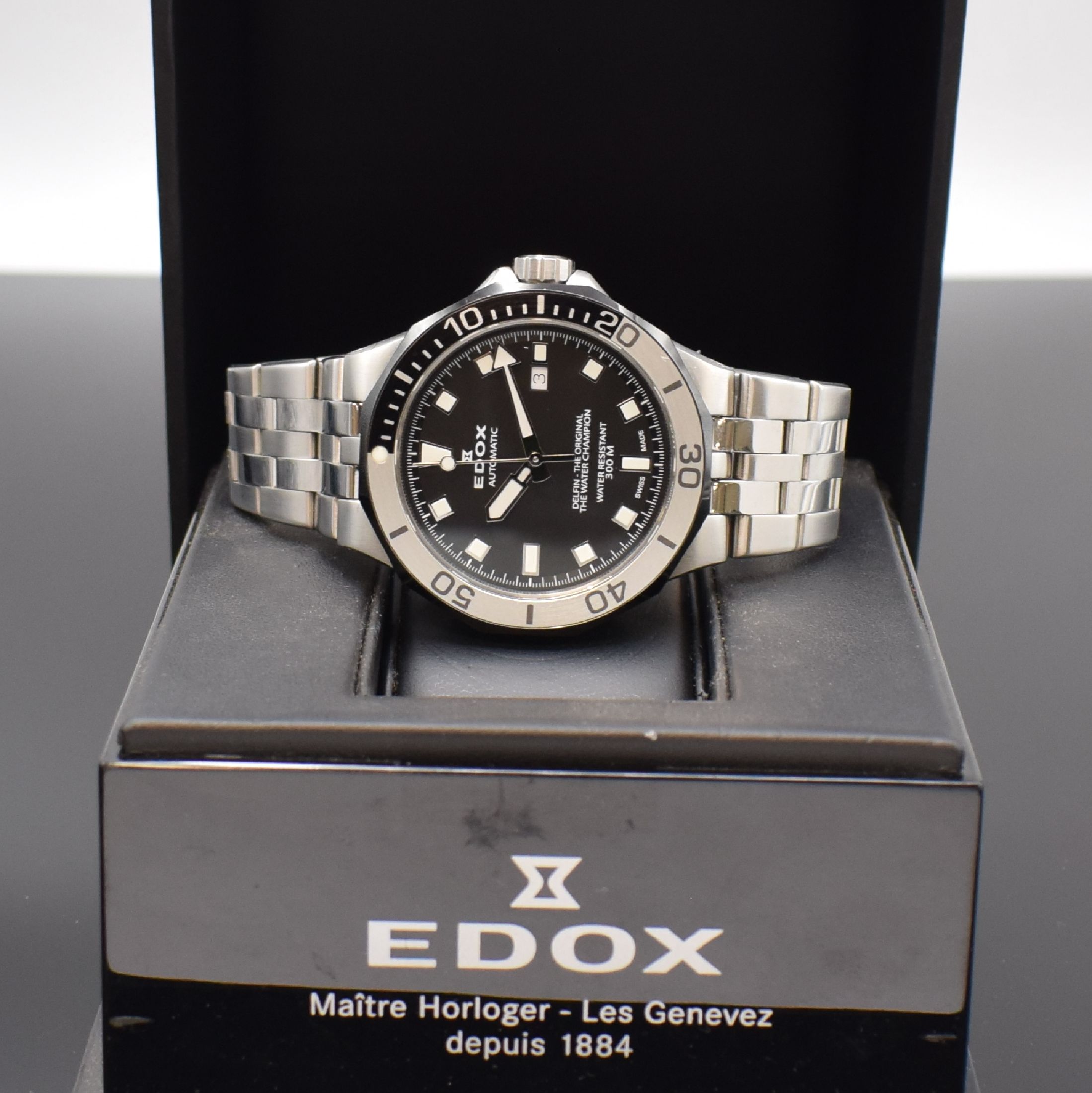 Detail d: EDOX Delfin Herrenarmbanduhr in Stahl Referenz 80110, Schweiz verk. lt. beil. Pap. 05/2020, Automatik, Gliederband m. dopp. Faltschl., Boden u. Krone ...