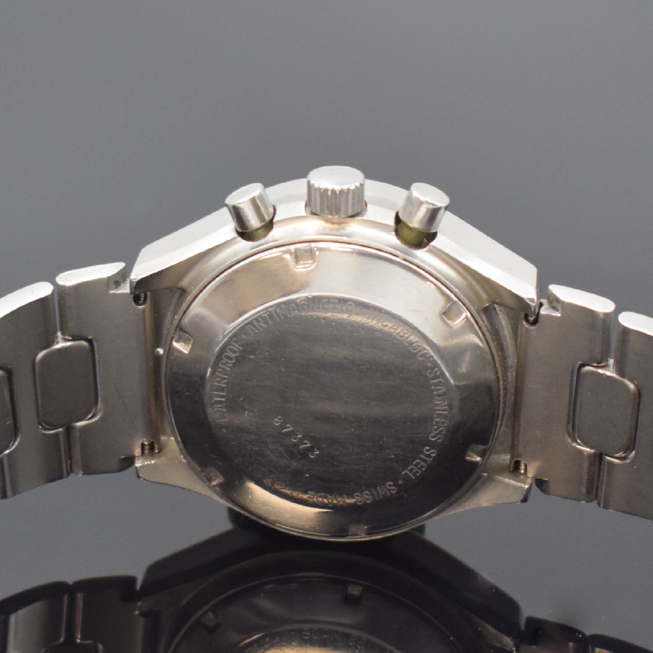 Detail c: SINN Herrenarmbanduhr mit Chronograph in Stahl, Schweiz um 1990, Automatik, neutr. Gliederband m. Faltschl., Boden verschr., schwarzes Zifferbl. m. ...