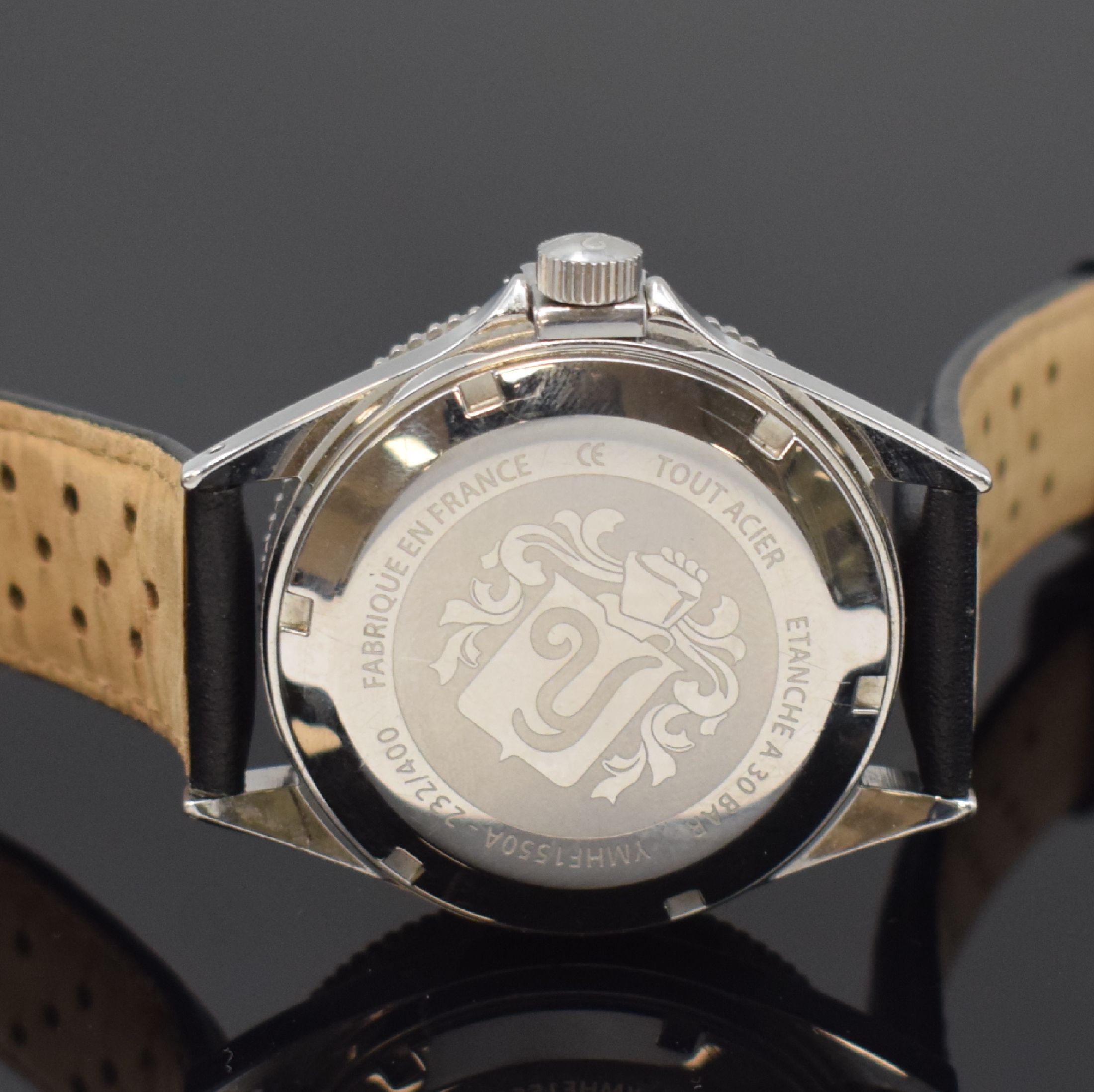 Detail d: YEMA Superman auf 400 Stück limitierte Herrenarmbanduhr in Stahl Referenz YMHF1550A, Frankreich um 2020, Automatik, Boden u. Krone verschr., orig. ...