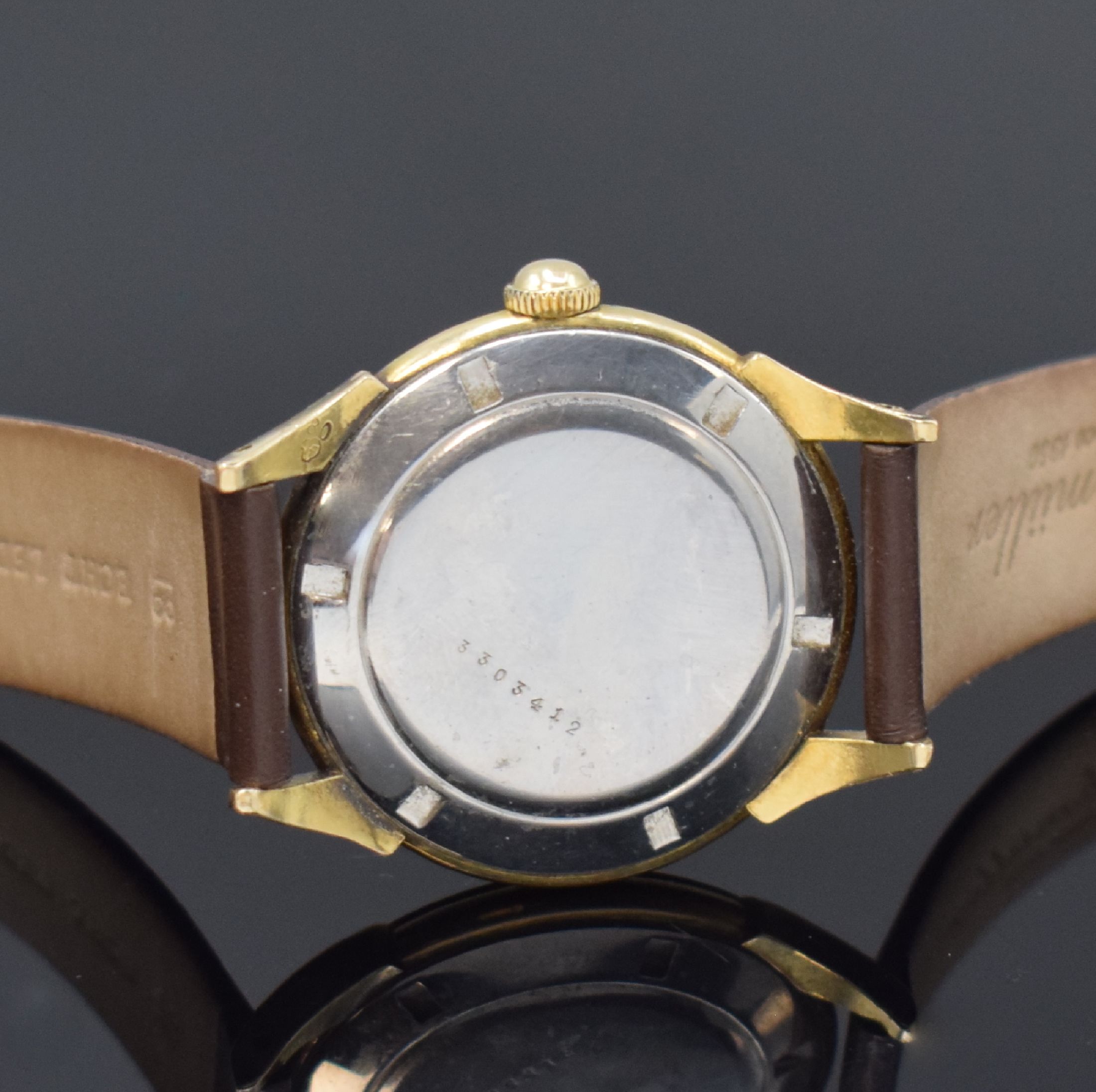 Detail c: ETERNA-MATIC vergoldete Herrenarmbanduhr, Schweiz um 1950, Automatik, Stahlboden verschr., silb. Zifferbl. m. gold. Std.-Ind., gold. Zeiger, Kal. ...