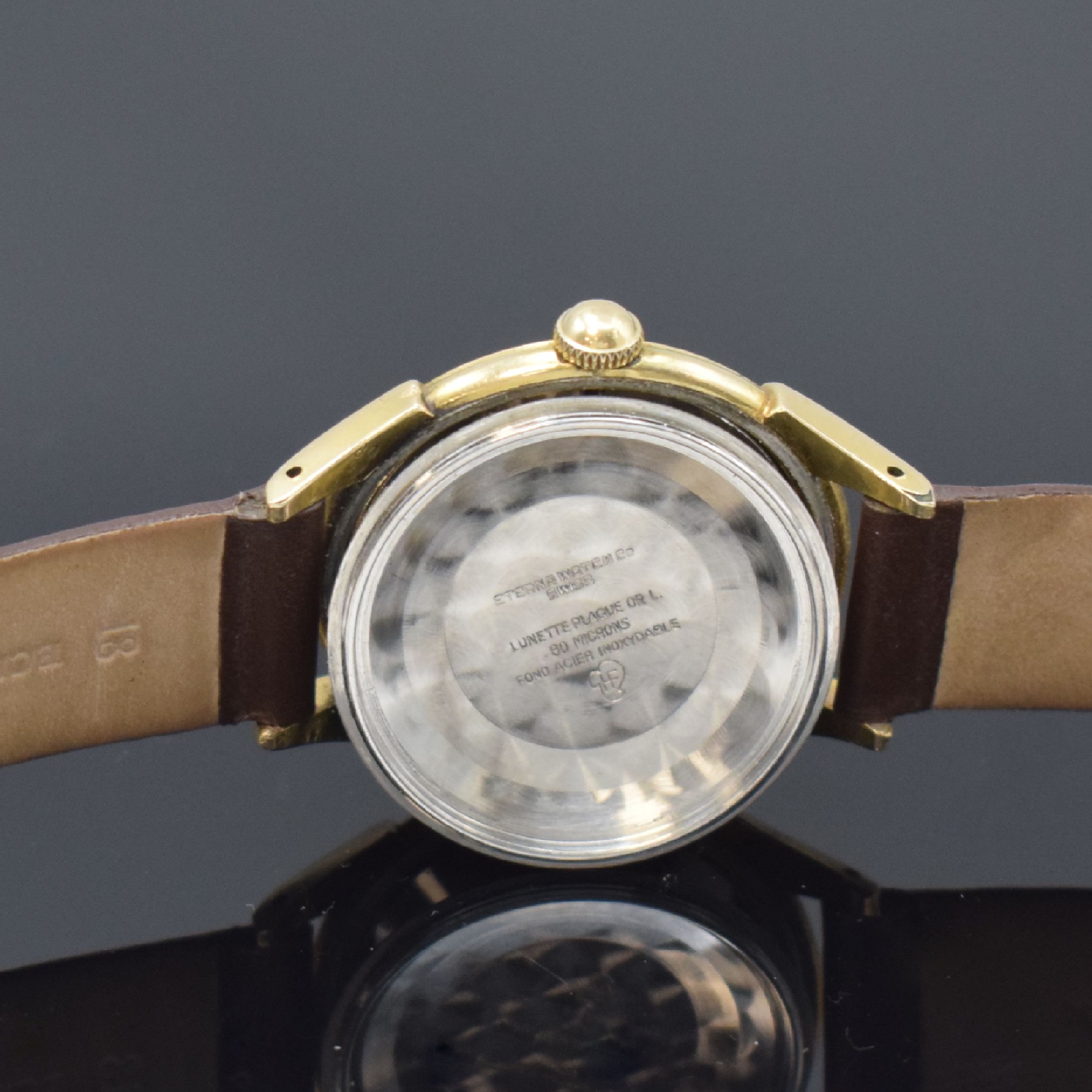 Detail f: ETERNA-MATIC vergoldete Herrenarmbanduhr, Schweiz um 1950, Automatik, Stahlboden verschr., silb. Zifferbl. m. gold. Std.-Ind., gold. Zeiger, Kal. ...