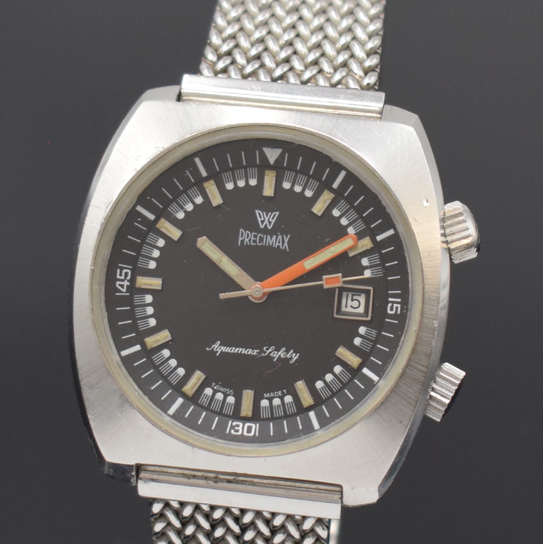 Detail a: PRECIMAX Aquamax Safety Herrenarmbanduhr in Stahl, Schweiz um 1970, Automatik, tonneauförm. Geh., Boden verschr., neutr. Stahlband m. Faltschl., ...