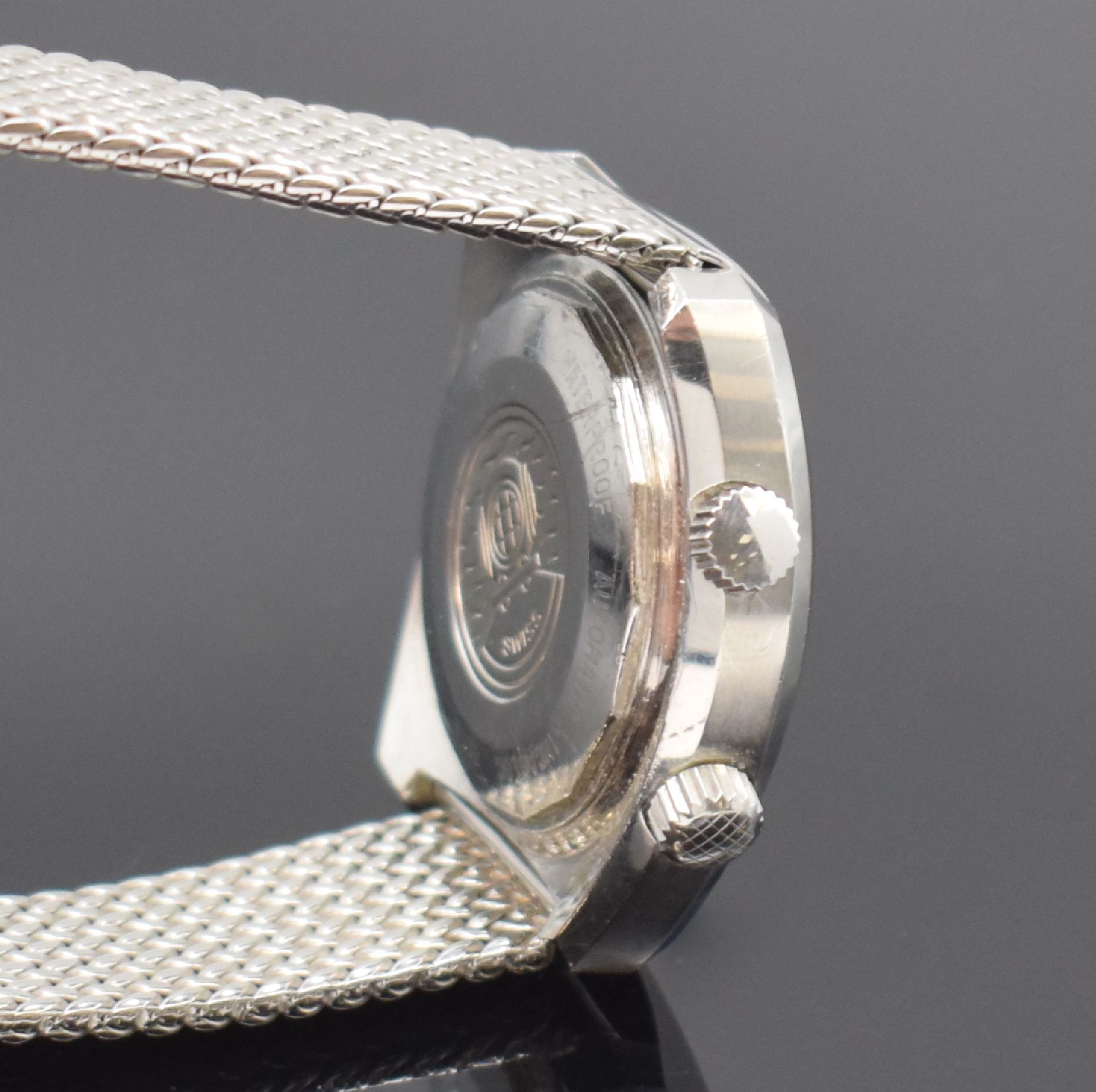 Detail b: PRECIMAX Aquamax Safety Herrenarmbanduhr in Stahl, Schweiz um 1970, Automatik, tonneauförm. Geh., Boden verschr., neutr. Stahlband m. Faltschl., ...