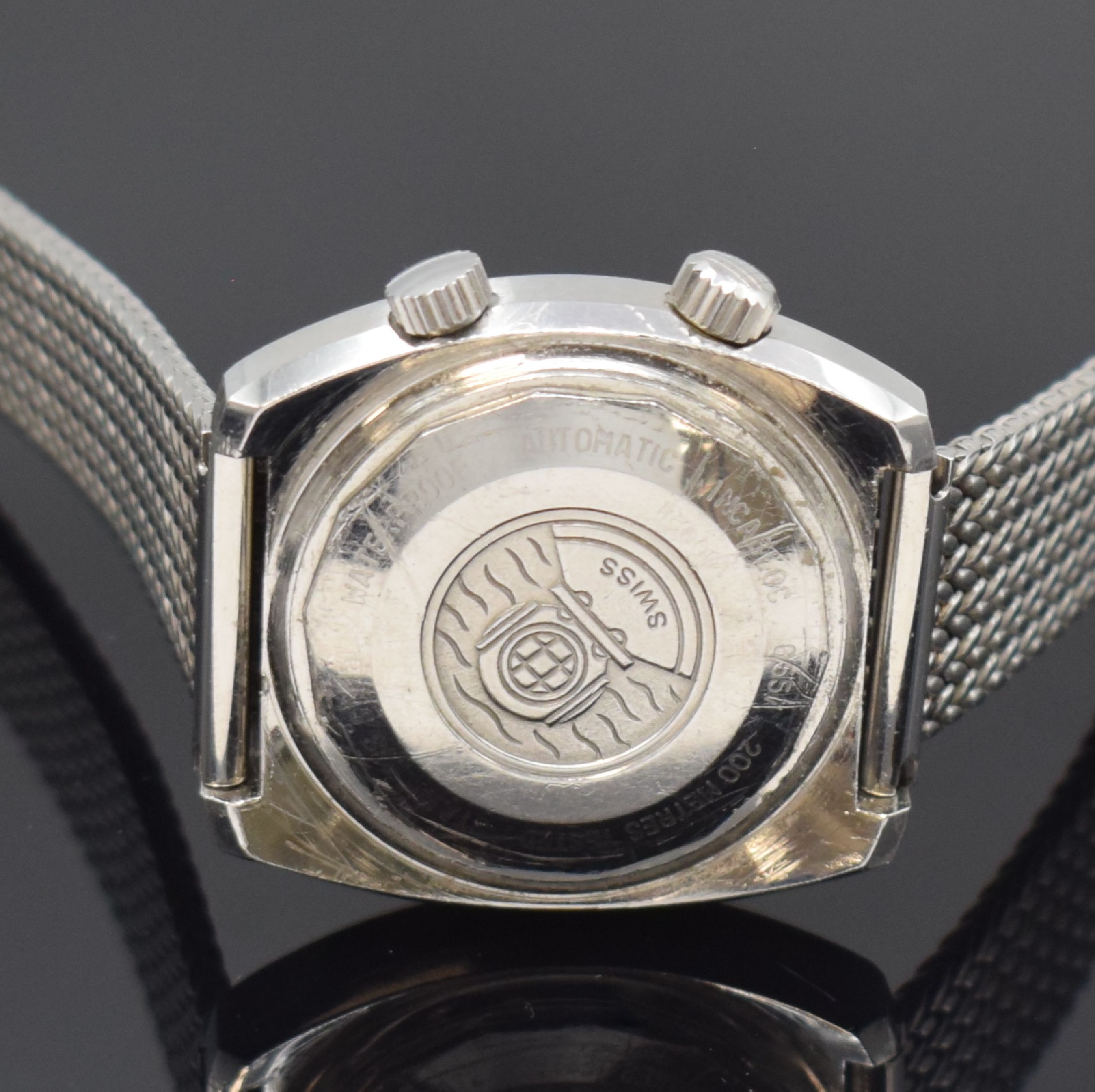 Detail c: PRECIMAX Aquamax Safety Herrenarmbanduhr in Stahl, Schweiz um 1970, Automatik, tonneauförm. Geh., Boden verschr., neutr. Stahlband m. Faltschl., ...