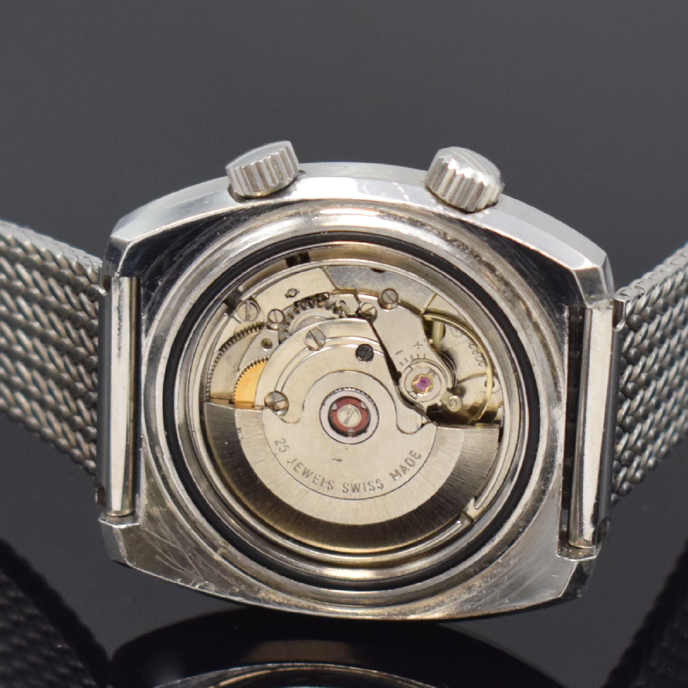 Detail d: PRECIMAX Aquamax Safety Herrenarmbanduhr in Stahl, Schweiz um 1970, Automatik, tonneauförm. Geh., Boden verschr., neutr. Stahlband m. Faltschl., ...
