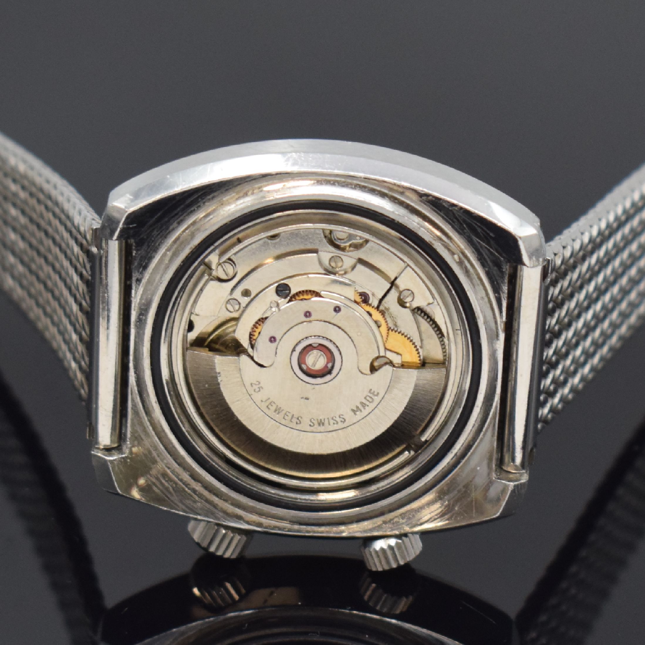 Detail e: PRECIMAX Aquamax Safety Herrenarmbanduhr in Stahl, Schweiz um 1970, Automatik, tonneauförm. Geh., Boden verschr., neutr. Stahlband m. Faltschl., ...