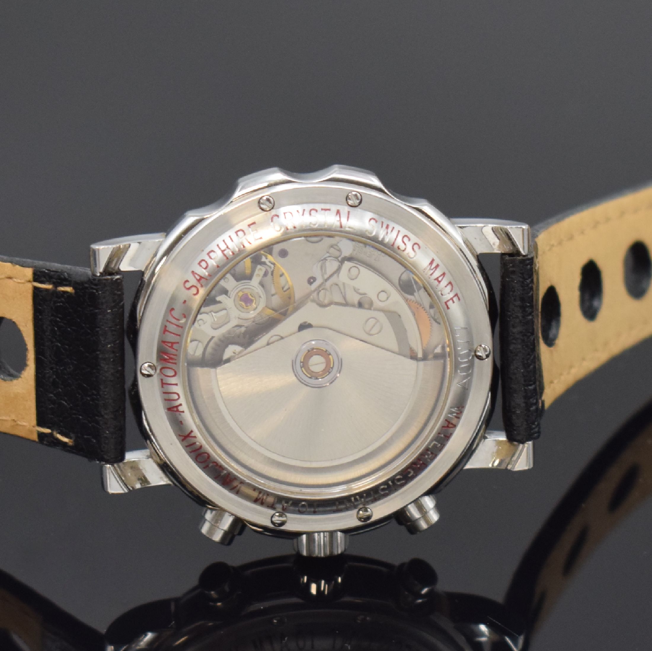 Detail d: MERCEDES BENZ Herrenarmbanduhr mit Chronograph in Stahl, Schweiz um 1990, Automatik, beids. vergl. Geh., Krone verschr., Boden 6- fach verschr., ...