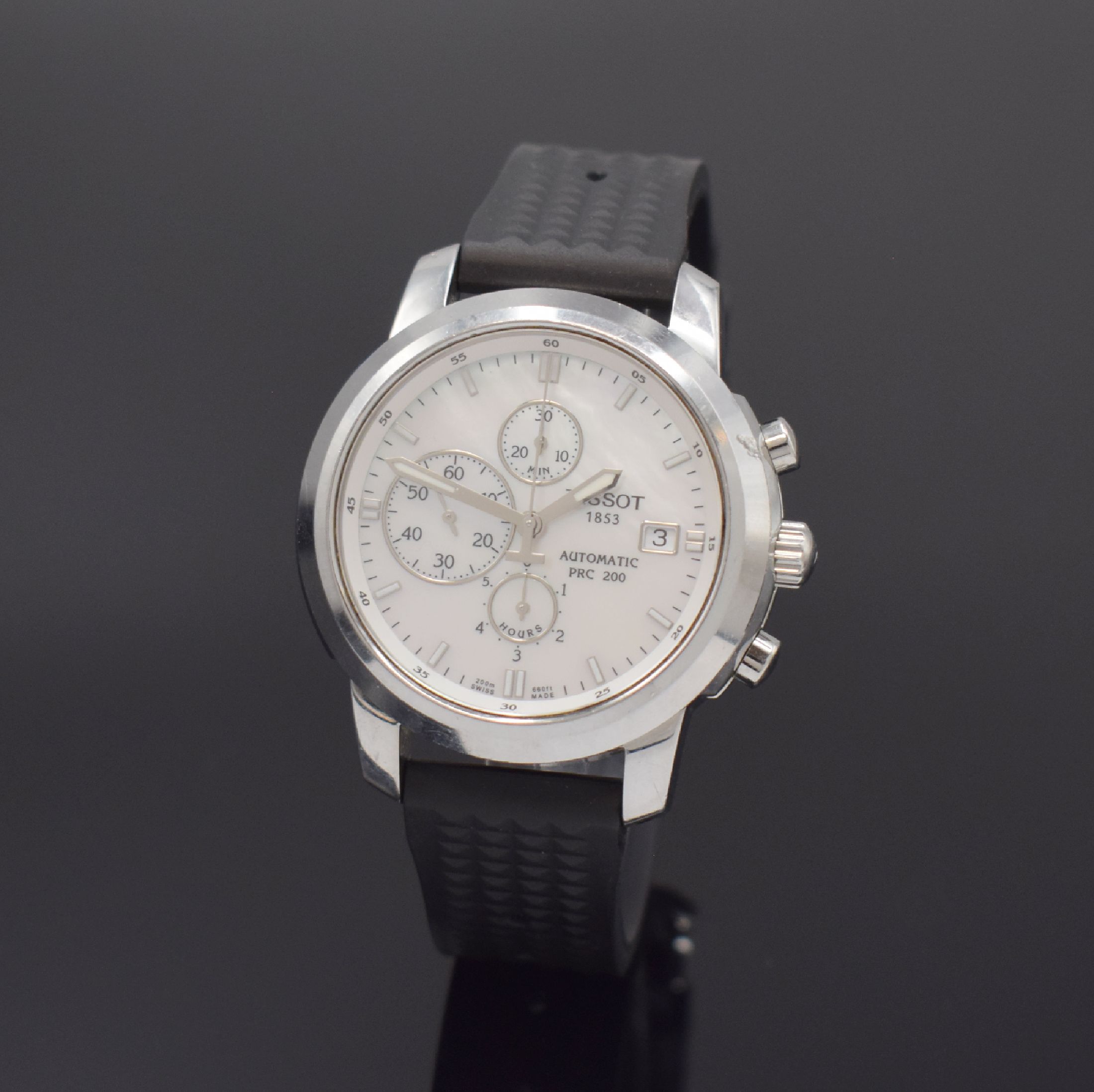 TISSOT PRC 200 Herrenarmbanduhr mit Chronograph in Stahl Referenz T014427A, Schweiz um 2010, Automatik, beids. vergl. Geh., Saphirgl., Boden u. Krone ...