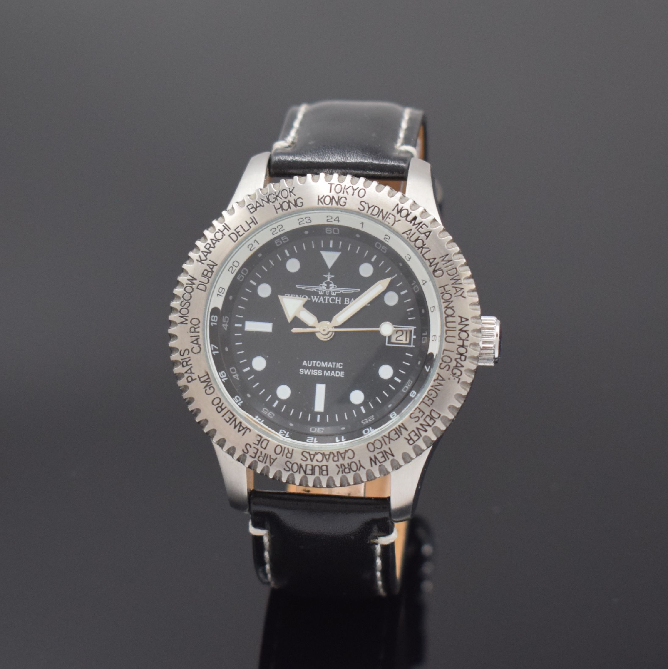 ZENO-WATCH BASEL GMT Herrenarmbanduhr Kaliber AS 1913 in Stahl, Schweiz um 2010, Automatik, Boden u. Krone verschr., orig. Lederband m. Dornschl., ...