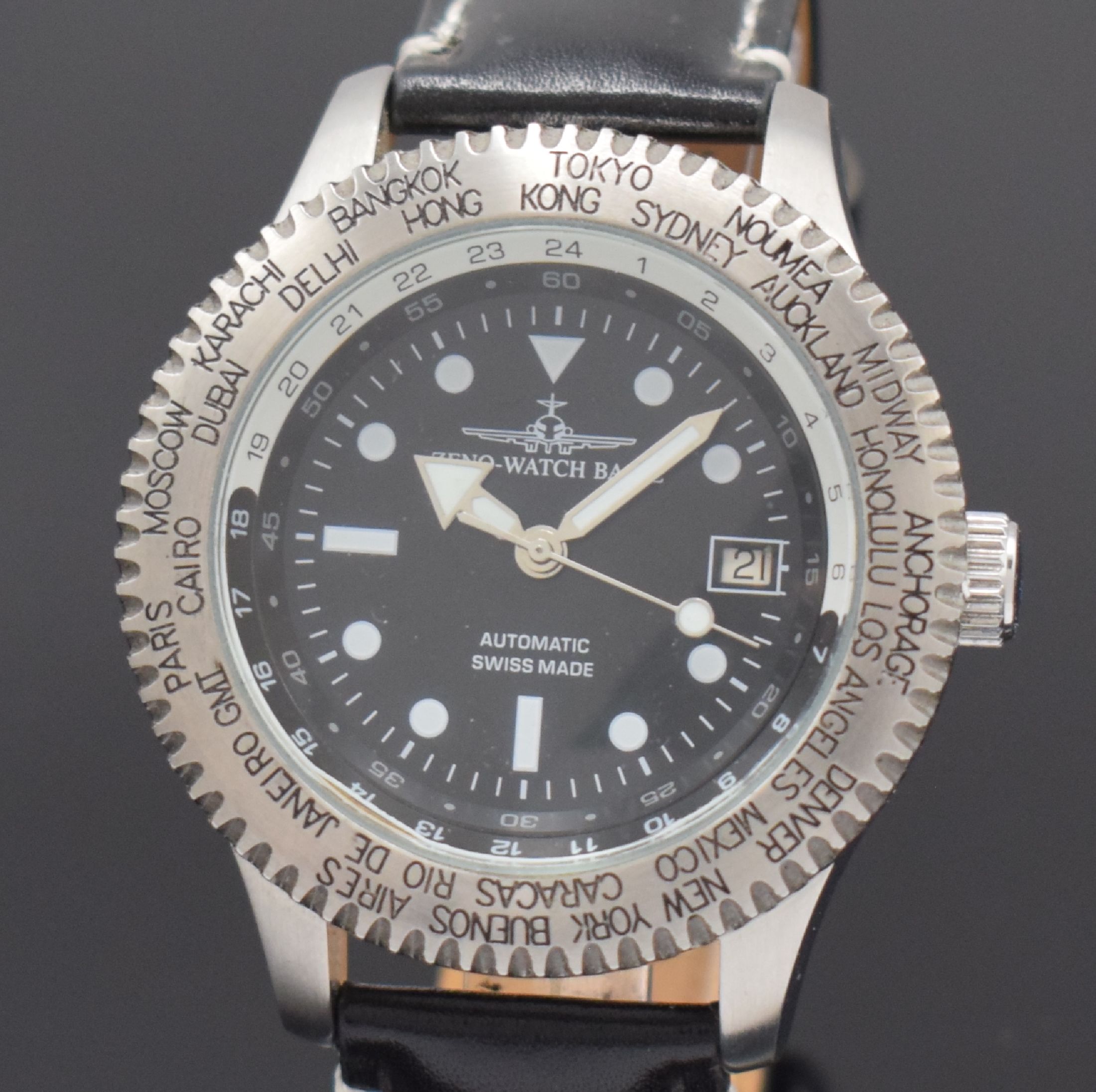 Detail a: ZENO-WATCH BASEL GMT Herrenarmbanduhr Kaliber AS 1913 in Stahl, Schweiz um 2010, Automatik, Boden u. Krone verschr., orig. Lederband m. Dornschl., ...