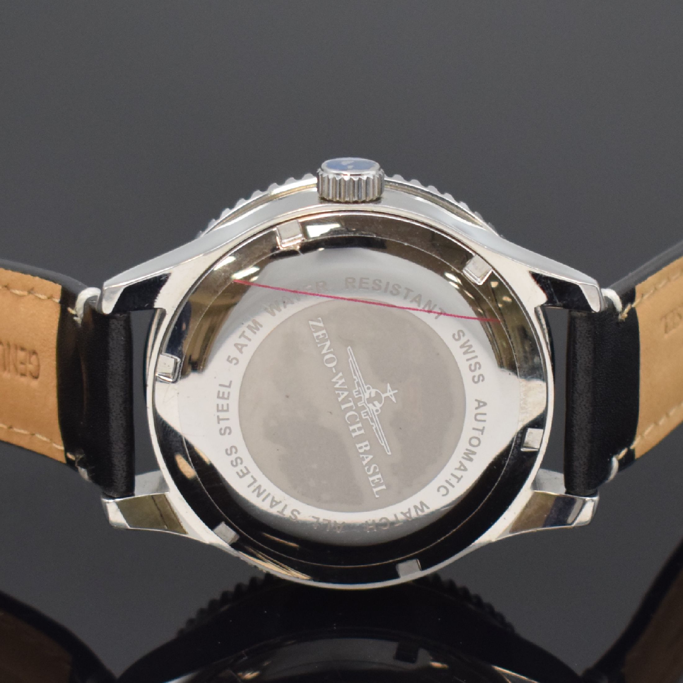 Detail d: ZENO-WATCH BASEL GMT Herrenarmbanduhr Kaliber AS 1913 in Stahl, Schweiz um 2010, Automatik, Boden u. Krone verschr., orig. Lederband m. Dornschl., ...