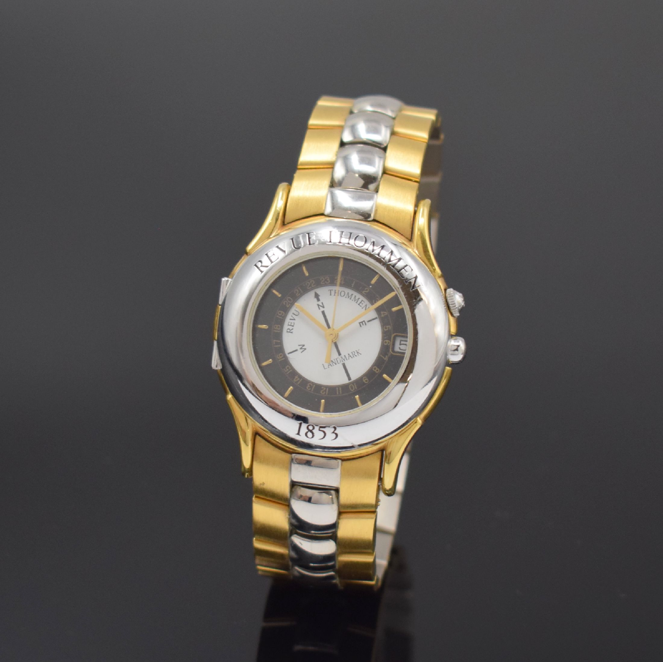 REVUE THOMMEN Landmark Herrenarmbanduhr in Stahl/Gold, Schweiz um 1990, quarz, orig. Gliederband m. dopp. Faltschl., Stahlboden aufgedr., schwarzes ...