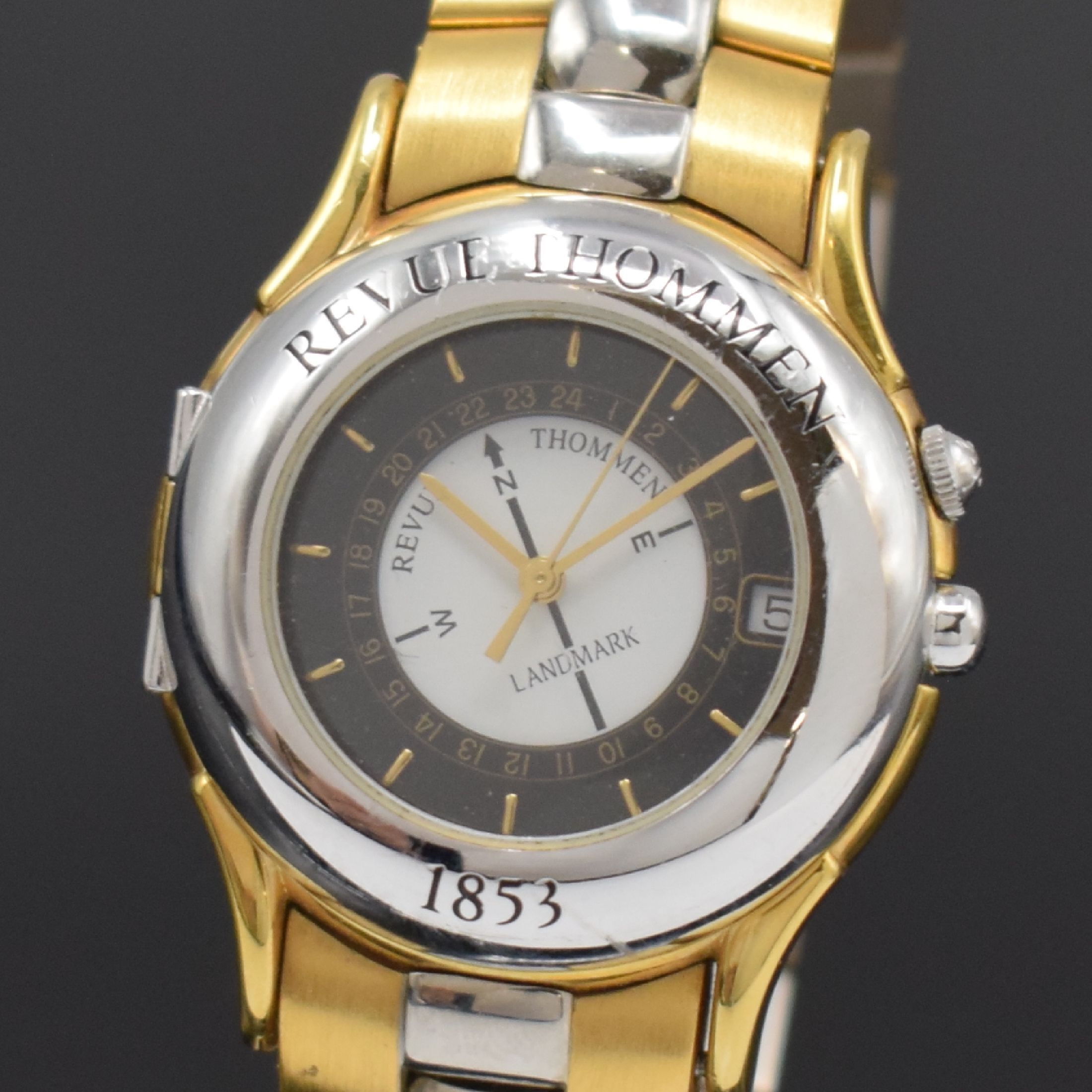 Detail a: REVUE THOMMEN Landmark Herrenarmbanduhr in Stahl/Gold, Schweiz um 1990, quarz, orig. Gliederband m. dopp. Faltschl., Stahlboden aufgedr., schwarzes ...