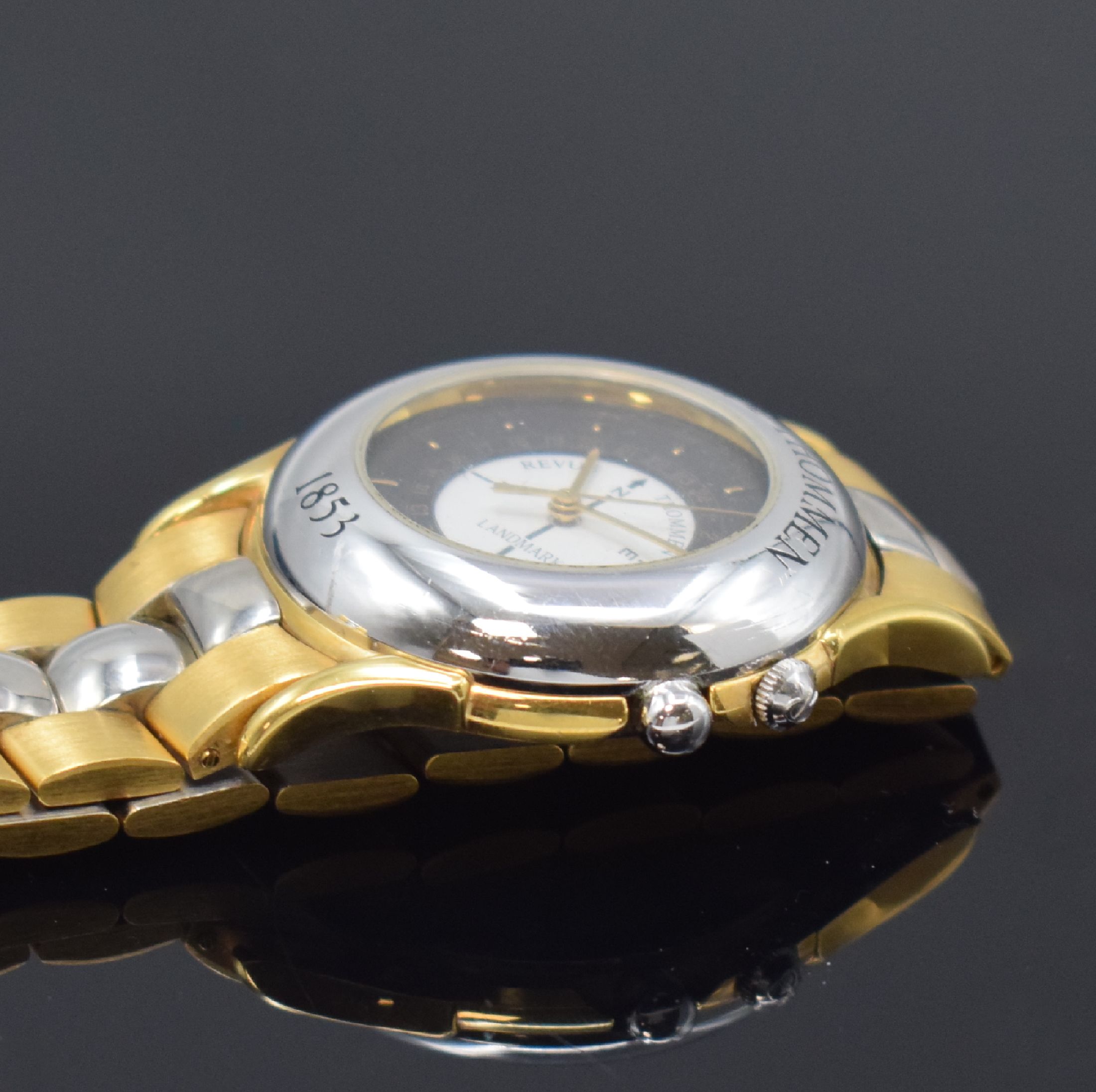 Detail c: REVUE THOMMEN Landmark Herrenarmbanduhr in Stahl/Gold, Schweiz um 1990, quarz, orig. Gliederband m. dopp. Faltschl., Stahlboden aufgedr., schwarzes ...