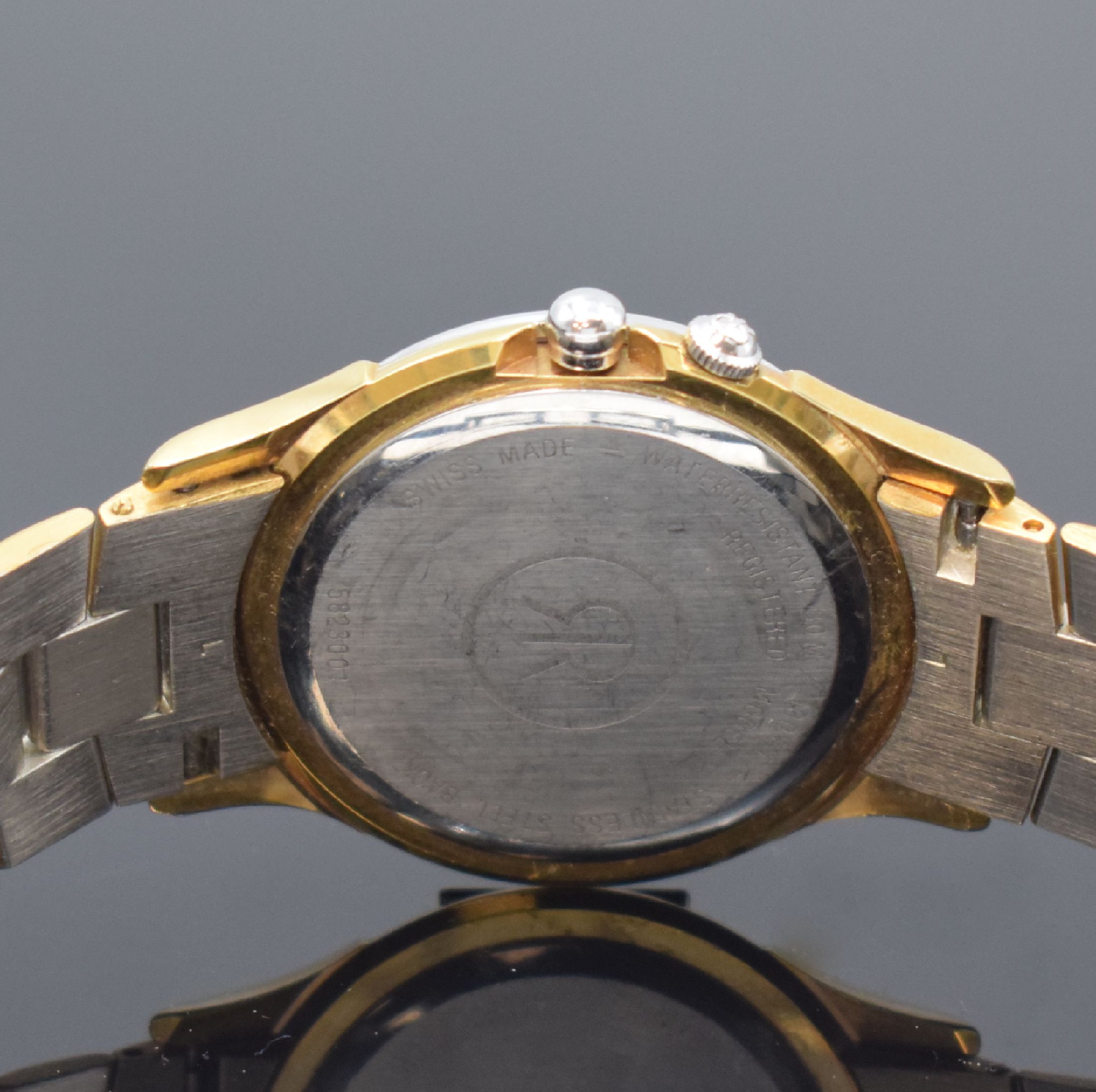 Detail e: REVUE THOMMEN Landmark Herrenarmbanduhr in Stahl/Gold, Schweiz um 1990, quarz, orig. Gliederband m. dopp. Faltschl., Stahlboden aufgedr., schwarzes ...