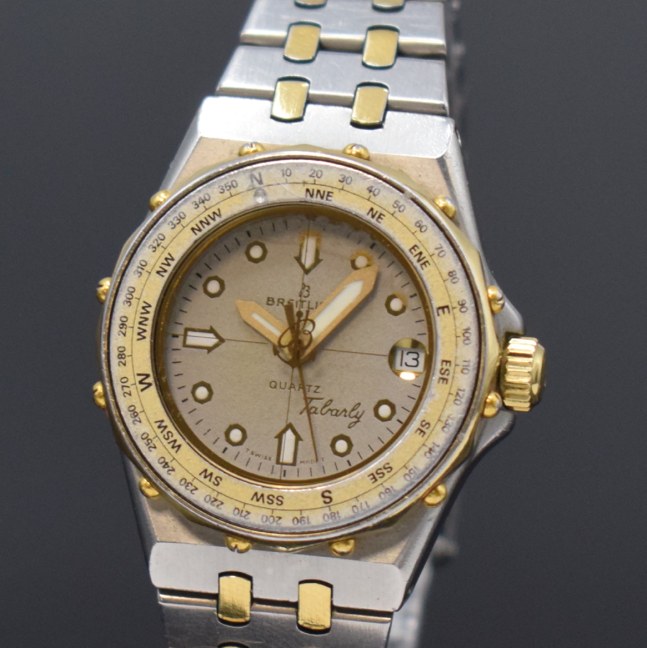 Detail a: BREITLING Tabarly Damenarmbanduhr in Stahl/Gold, Schweiz um 1985, quarz, Boden geschr., orig. Gliederband m. Faltschl., verg. Lünette mit Windrose, ...