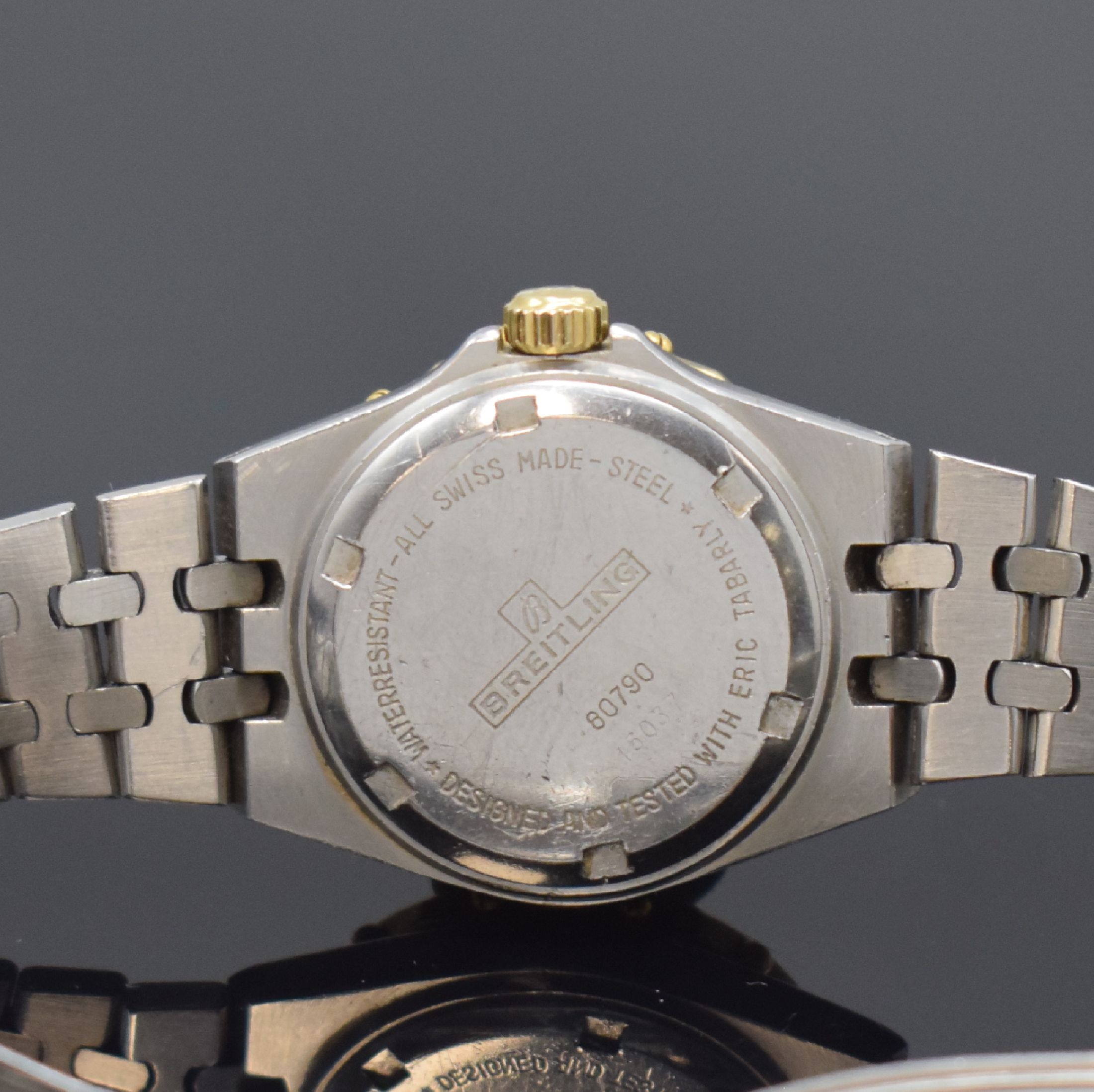 Detail d: BREITLING Tabarly Damenarmbanduhr in Stahl/Gold, Schweiz um 1985, quarz, Boden geschr., orig. Gliederband m. Faltschl., verg. Lünette mit Windrose, ...