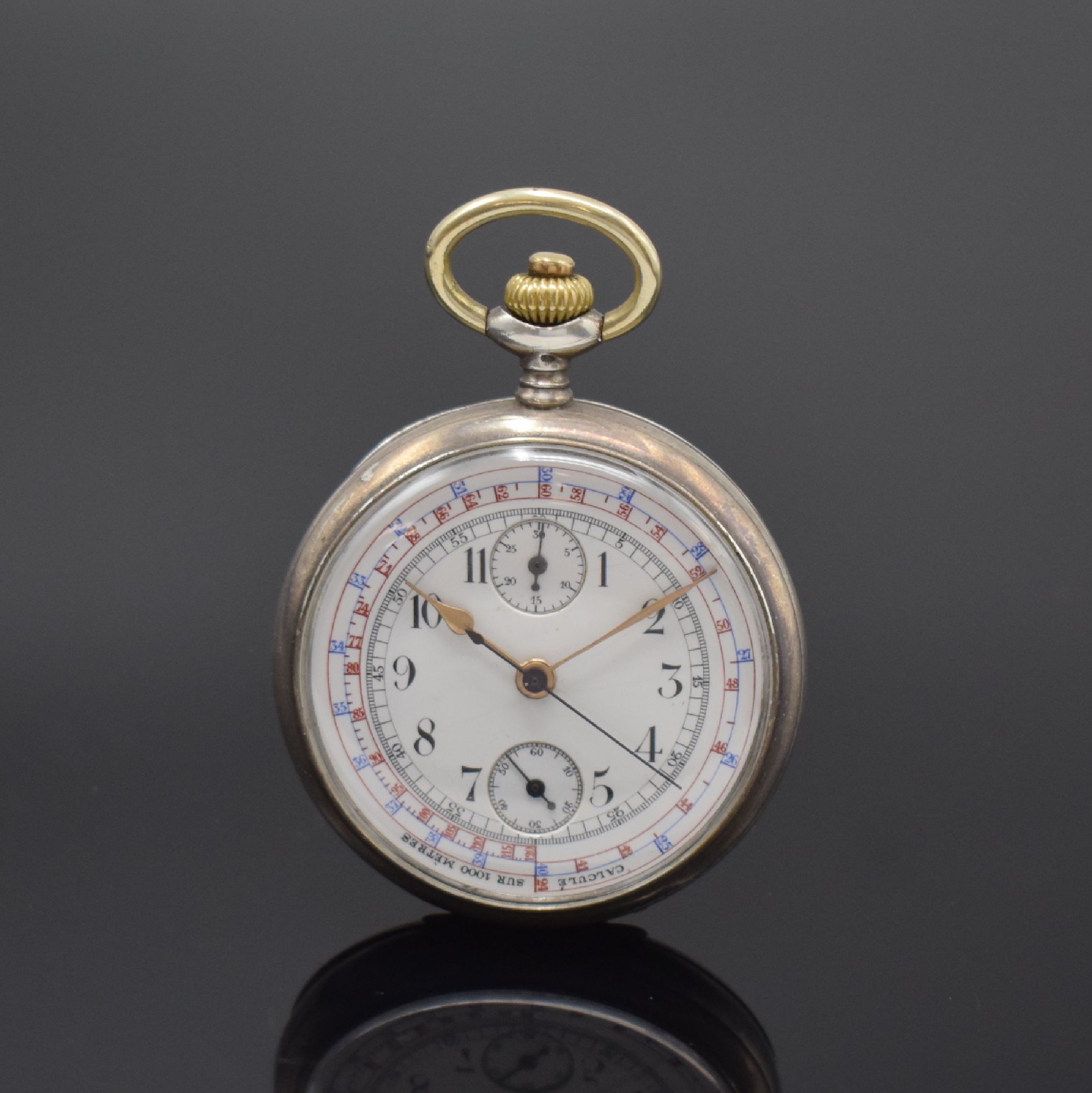 Offene Taschenuhr in 800er Silber mit Schaltradchronograph, Schweiz um 1890, Geh. dell., Cuvette in Silber, guill. Rückdeckel m. Monogrammspiegel, ...