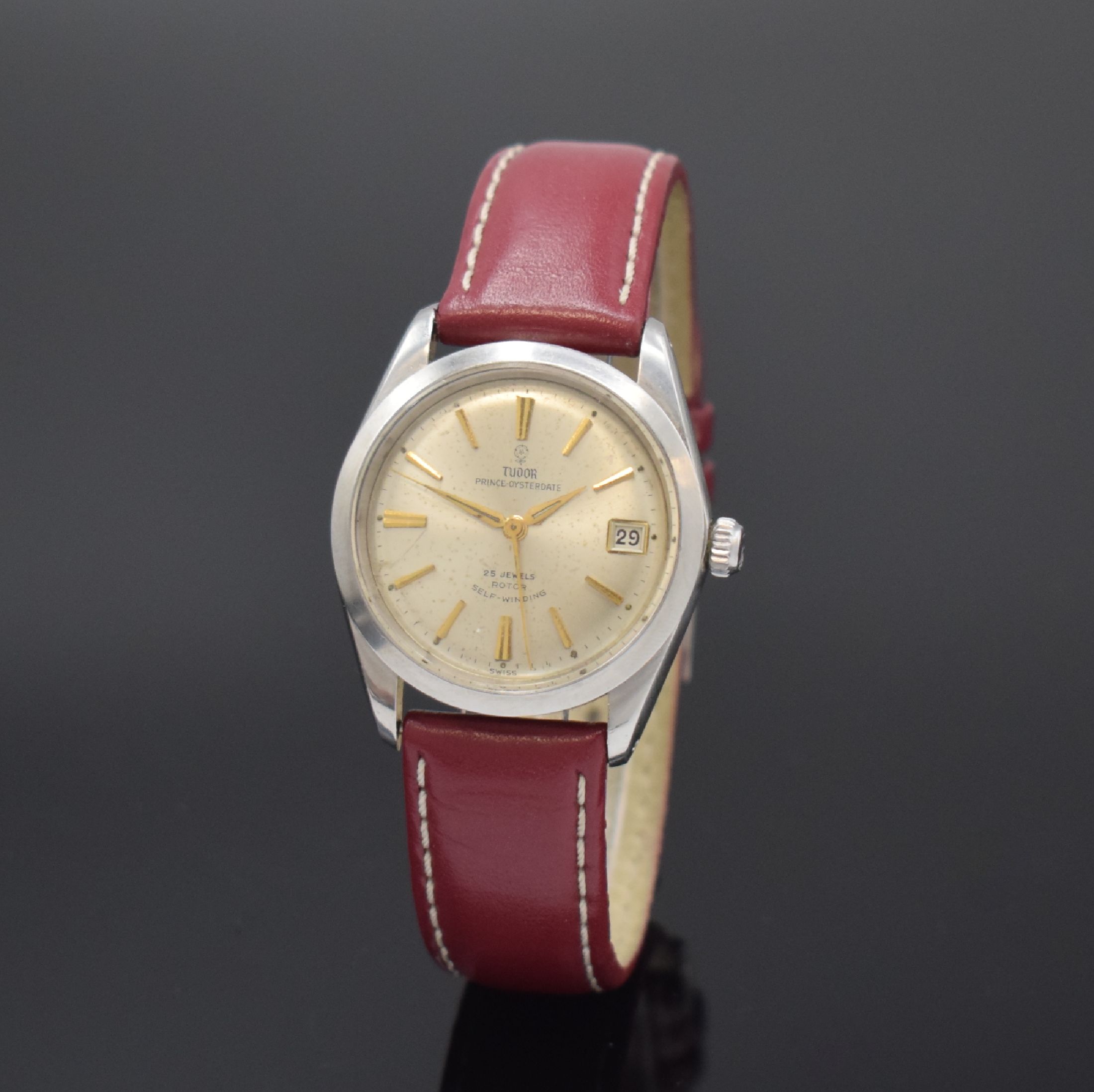 TUDOR Prince Oysterdate Armbanduhr in Stahl Referenz 7965, Schweiz um 1960, Automatik, Rolex Geh., Boden u. Krone verschr., neutr. Lederband m. Rolex ...