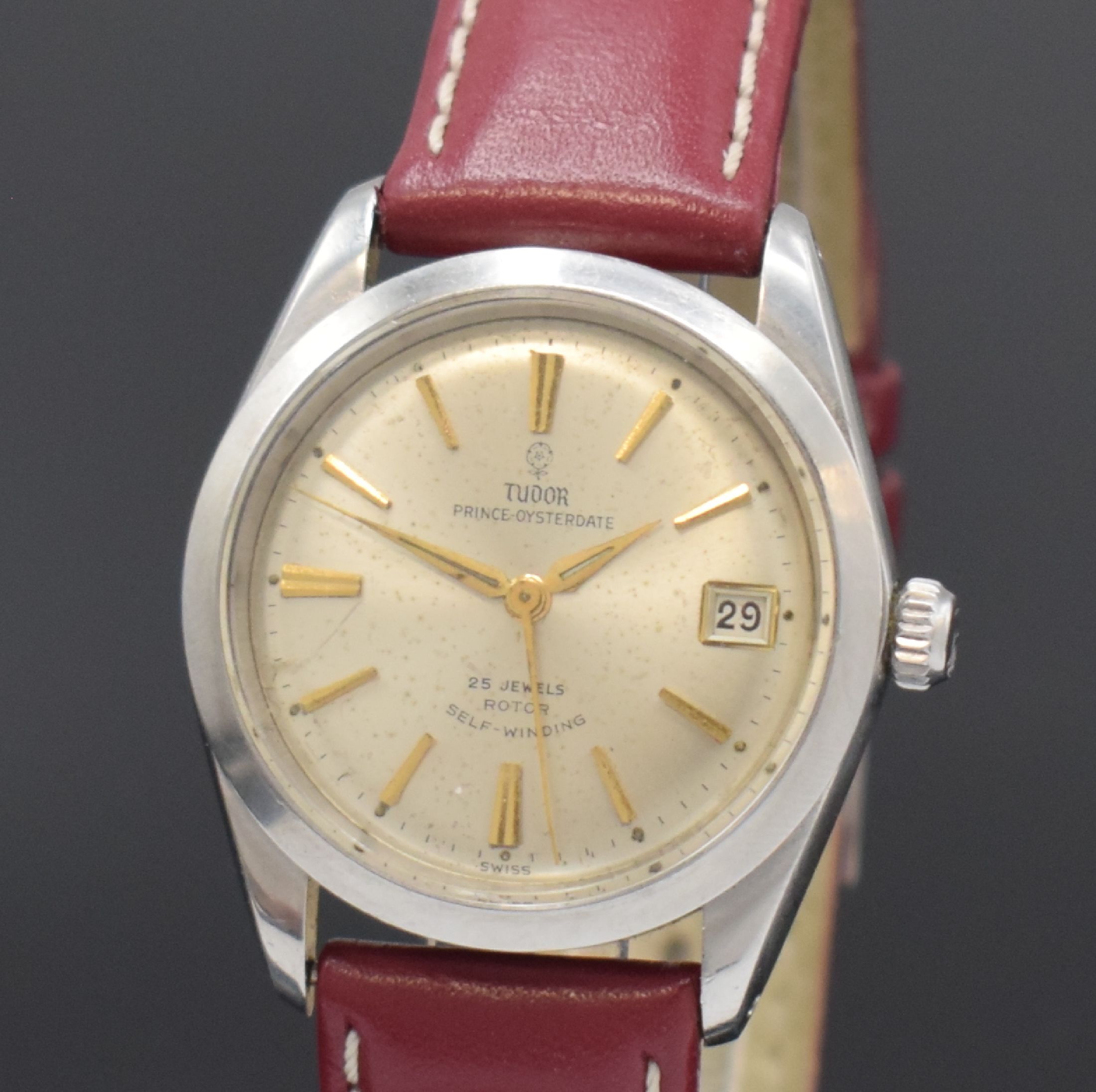 Detail a: TUDOR Prince Oysterdate Armbanduhr in Stahl Referenz 7965, Schweiz um 1960, Automatik, Rolex Geh., Boden u. Krone verschr., neutr. Lederband m. Rolex ...
