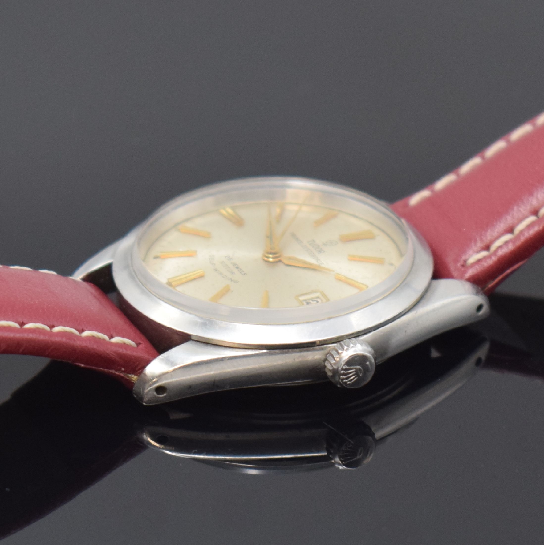 Detail c: TUDOR Prince Oysterdate Armbanduhr in Stahl Referenz 7965, Schweiz um 1960, Automatik, Rolex Geh., Boden u. Krone verschr., neutr. Lederband m. Rolex ...