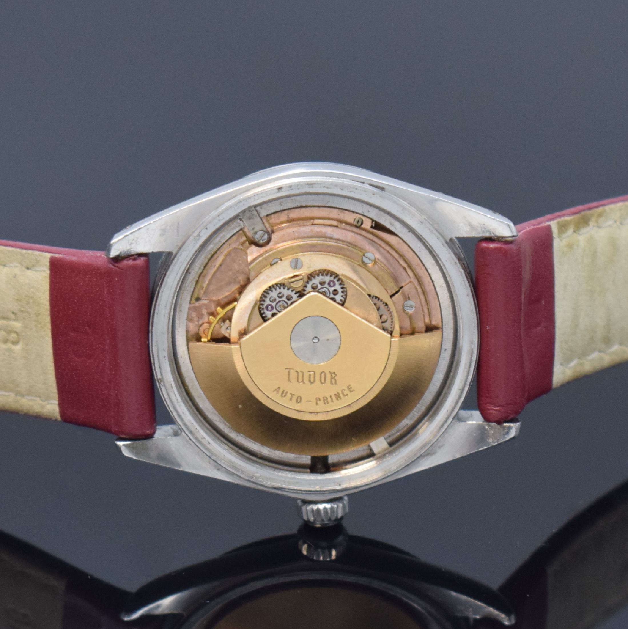 Detail f: TUDOR Prince Oysterdate Armbanduhr in Stahl Referenz 7965, Schweiz um 1960, Automatik, Rolex Geh., Boden u. Krone verschr., neutr. Lederband m. Rolex ...