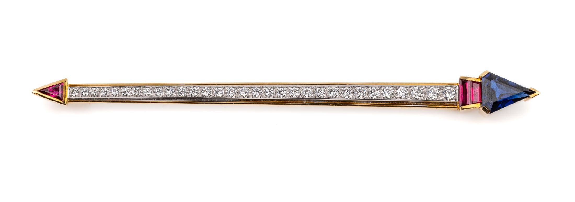 18 kt Gold Farbstein-Brillant-Brosche, GG 750/000, 1 facett. Saphir-Triangel ca. 2.12 ct, 2 facett. Rubin-Baguettes und 1 facett. Rubin-Triangel ...