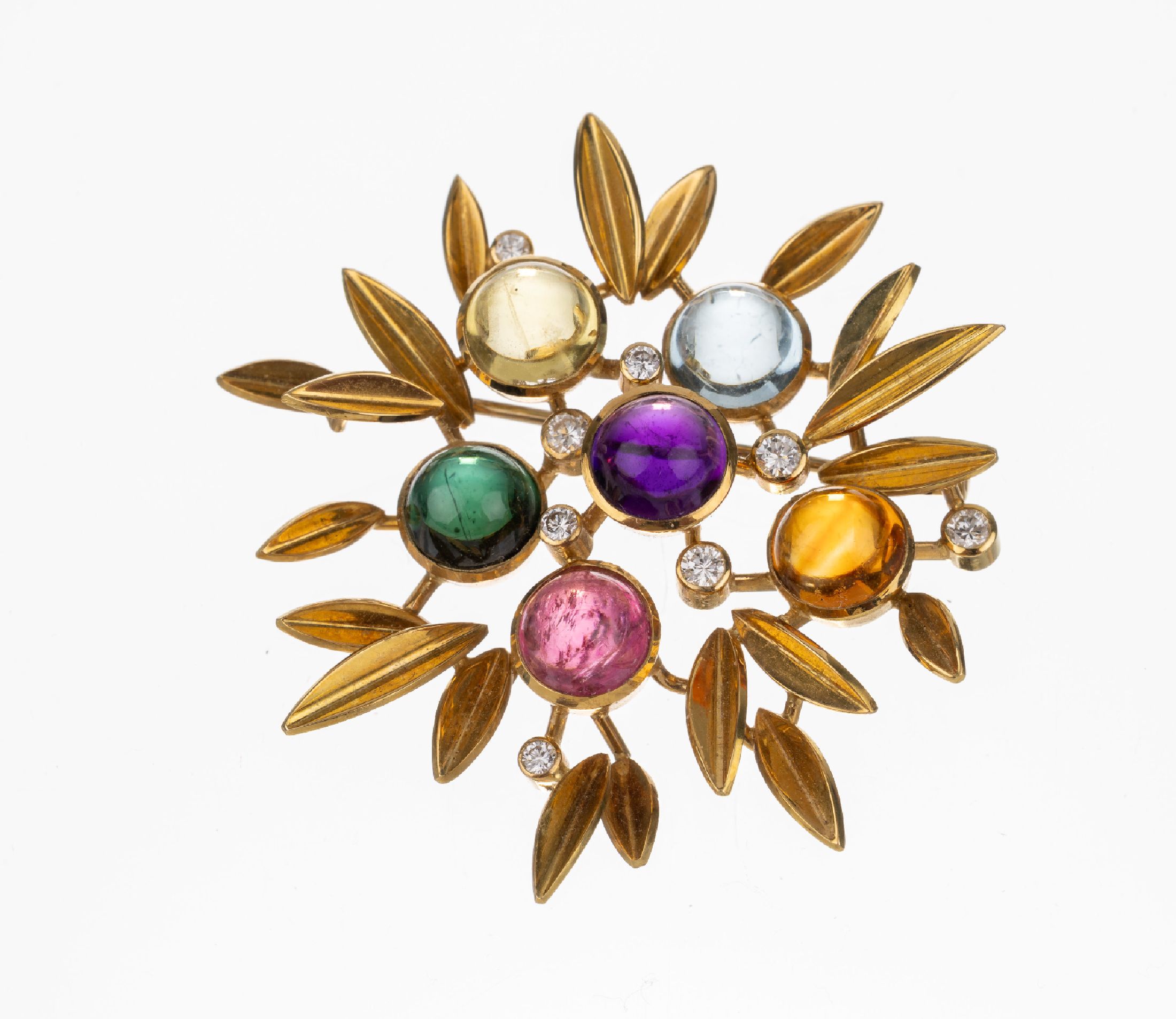 18 kt Gold Farbstein-Brillant-Brosche, GG 750/000, versch. Farbsteincabochons u.a. grüner und pinkfarb. Turmalin, Amethyst, Citrin, Aquamarin zus. ...