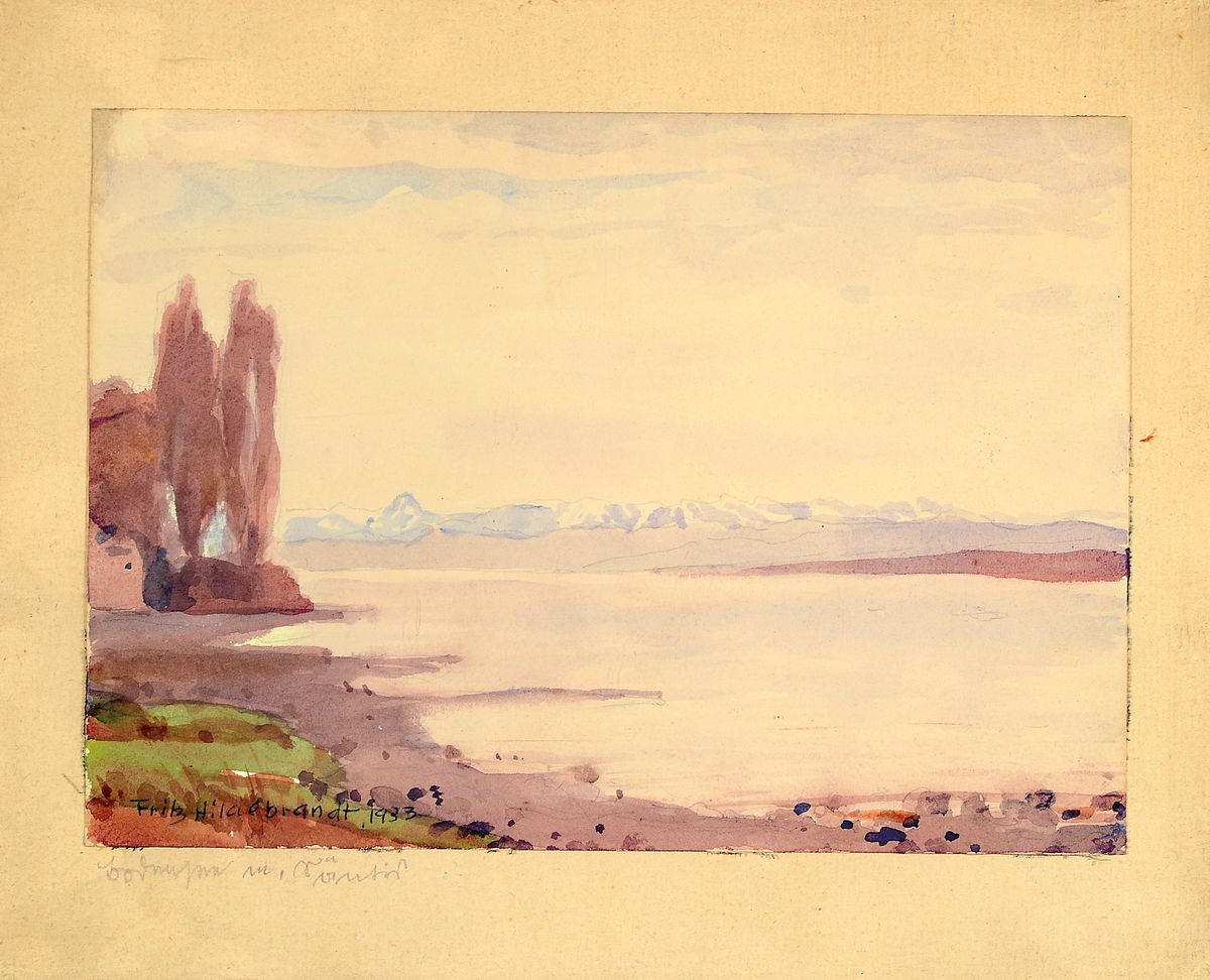 Fritz Hildebrandt, 1878 Quedlinburg-1970, Aquarell, "Bodensee mit Säntis", so bez., signiert und datiert 1933, Blatt 17x23,5 cm, unter ...