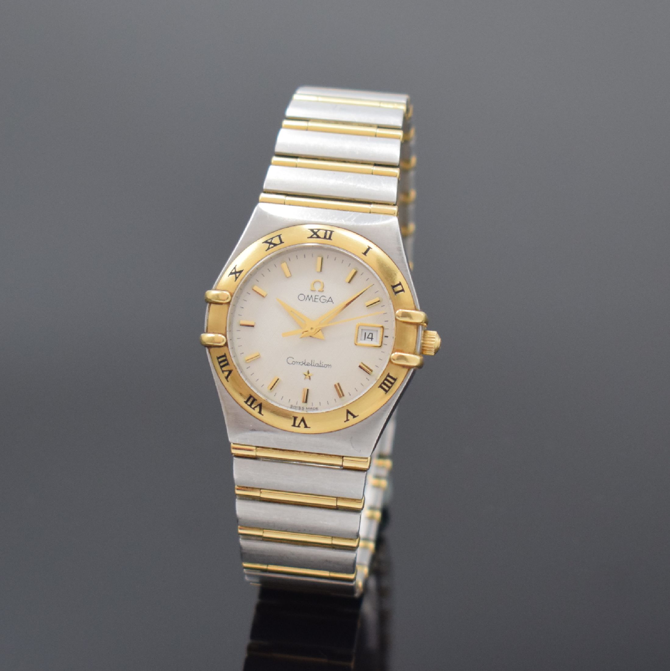OMEGA Constellation Damenarmbanduhr Referenz 796 1201, Schweiz um 2000, quarz, Edelstahl und Gold kombiniert, 2-teil. Gehäuse, Boden aufgedr., silb. ...