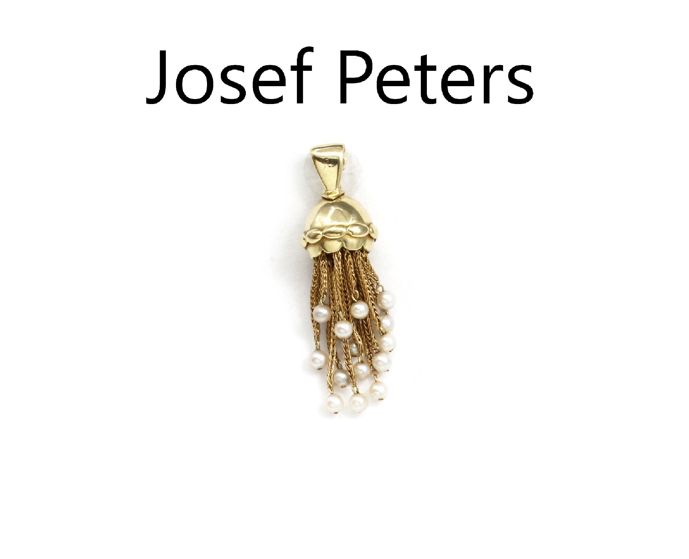 14 kt Gold Perl-Clipanhänger, GG 585/000, Anfertigung JOSEF PETERS Essen, baldachinartig gestaltet, bewegl. Quastenabhängungen in versch. Längen ...