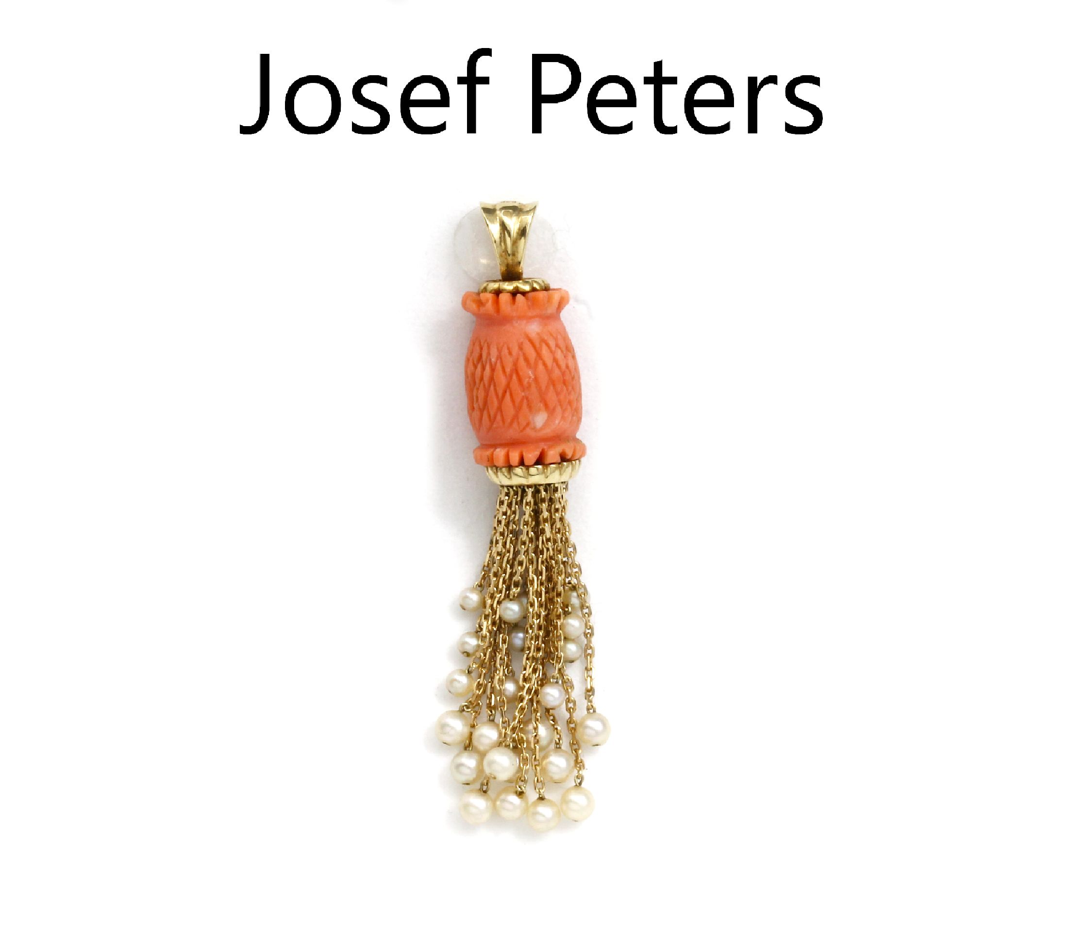 14 kt Gold Korall-Perl-Anhänger, GG 585/000, Meistermarke JOSEF PETERS Essen, Koralle geschnitten und geschliffen, bewegl. Abhängungen mit ...