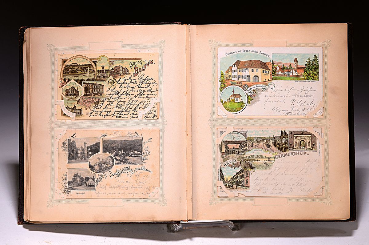 Postkarten-Album, Grüße aus Nah & Fern, Schwerpunkt Süddeutschland und Pfalz, 1890er -Jahre/um 1900, ca. 150 Ansichtskarten, überwiegend ...