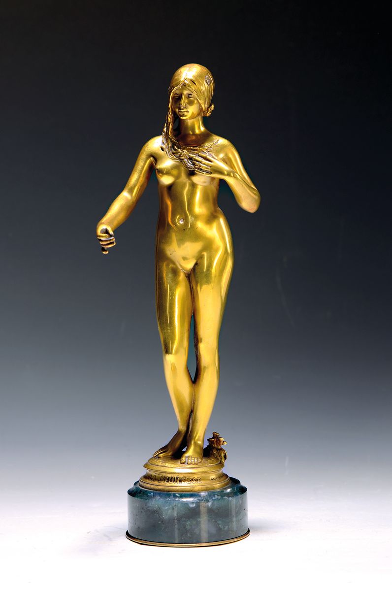 Bronzeskulptur "La Jeunesse", von Antonin Carles (1851-1919, stehender weiblicher Akt im typischen Jugendstil, betitelt, signiert, ...