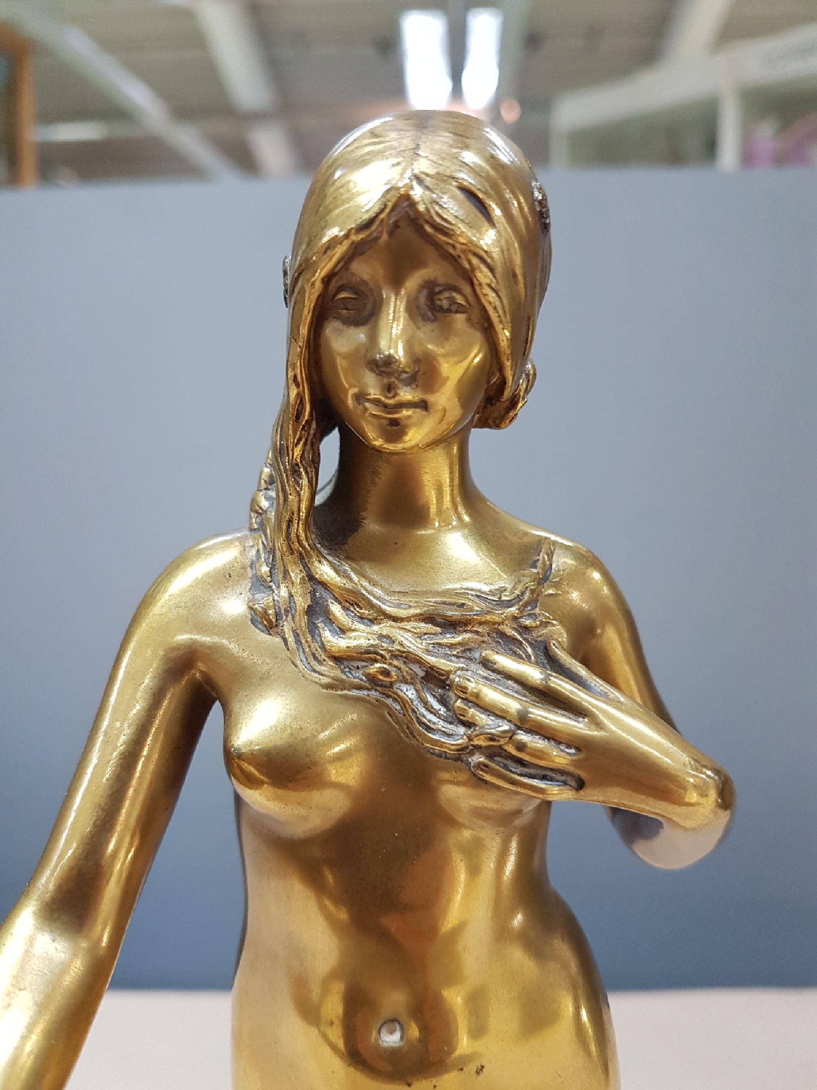 Detail e: Bronzeskulptur "La Jeunesse", von Antonin Carles (1851-1919, stehender weiblicher Akt im typischen Jugendstil, betitelt, signiert, ...