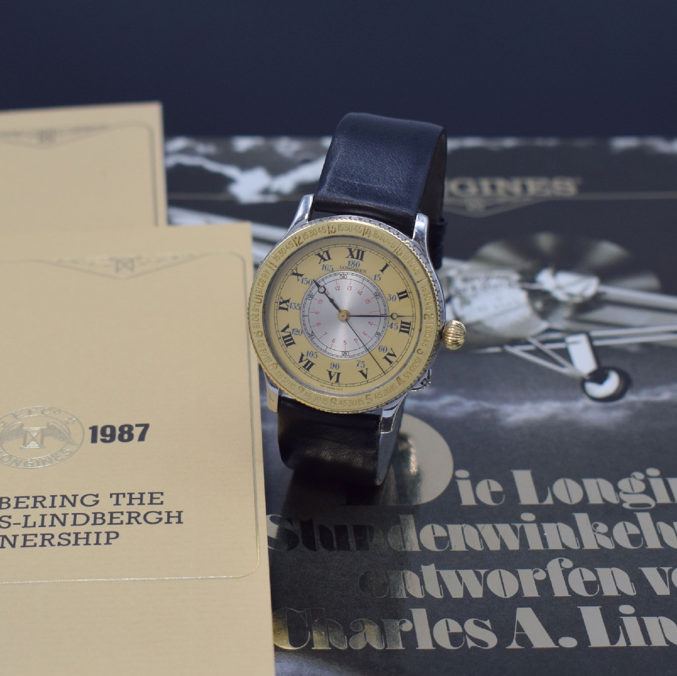 LONGINES Stundenwinkeluhr nach Charles A. Lindbergh sog. Hour Angle Watch Ref. 989.5215, Schweiz um 1990, Automatik, Edelstahl u. Gold komb., ...