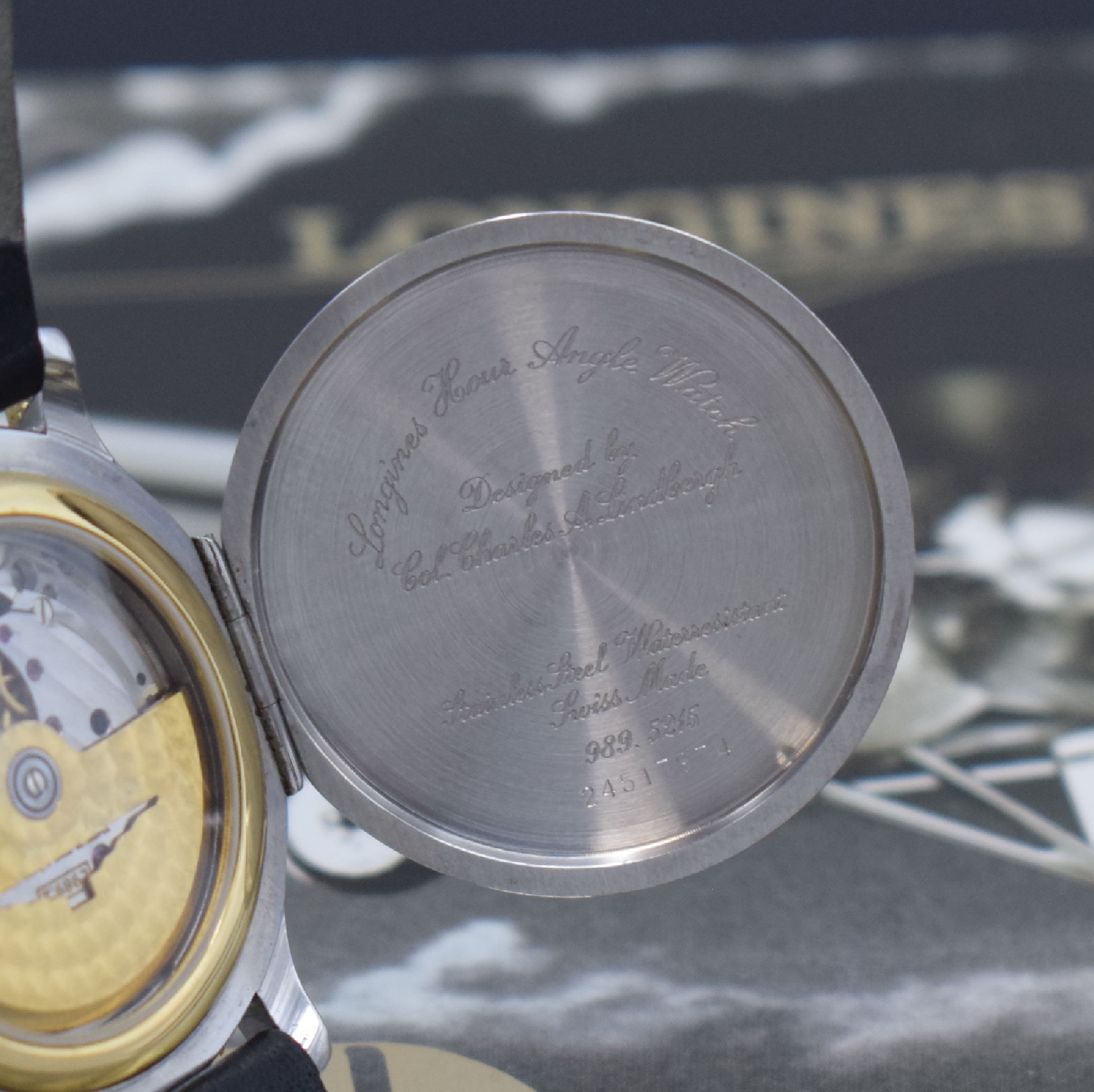 Detail e: LONGINES Stundenwinkeluhr nach Charles A. Lindbergh sog. Hour Angle Watch Ref. 989.5215, Schweiz um 1990, Automatik, Edelstahl u. Gold komb., ...