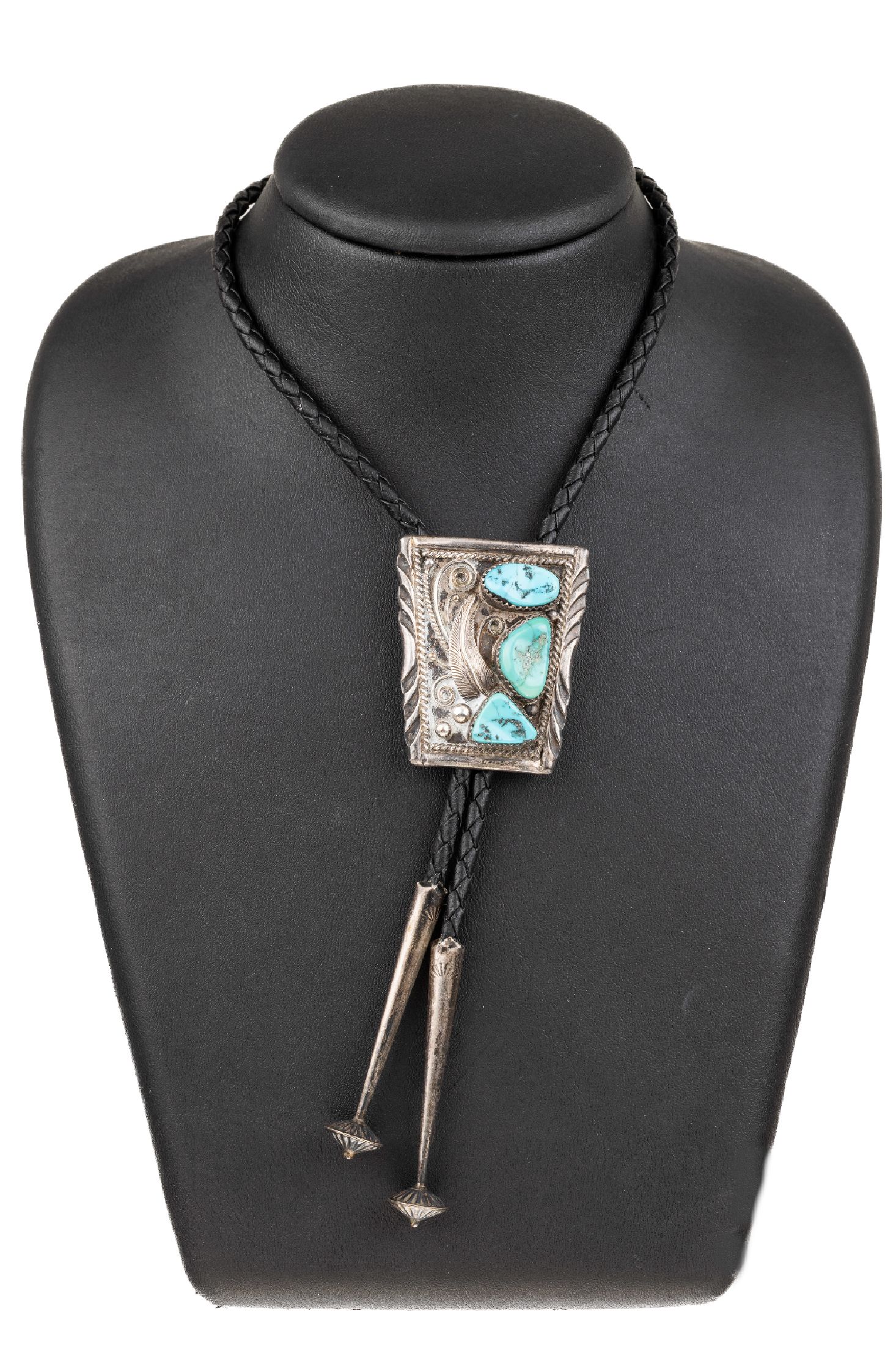 Navajo Collier, Silber gepr., bes. mit Türkis-Matrix-Cabochons, Lederkordel mit Silber-Abschlüssen, rücks. Clips Metall