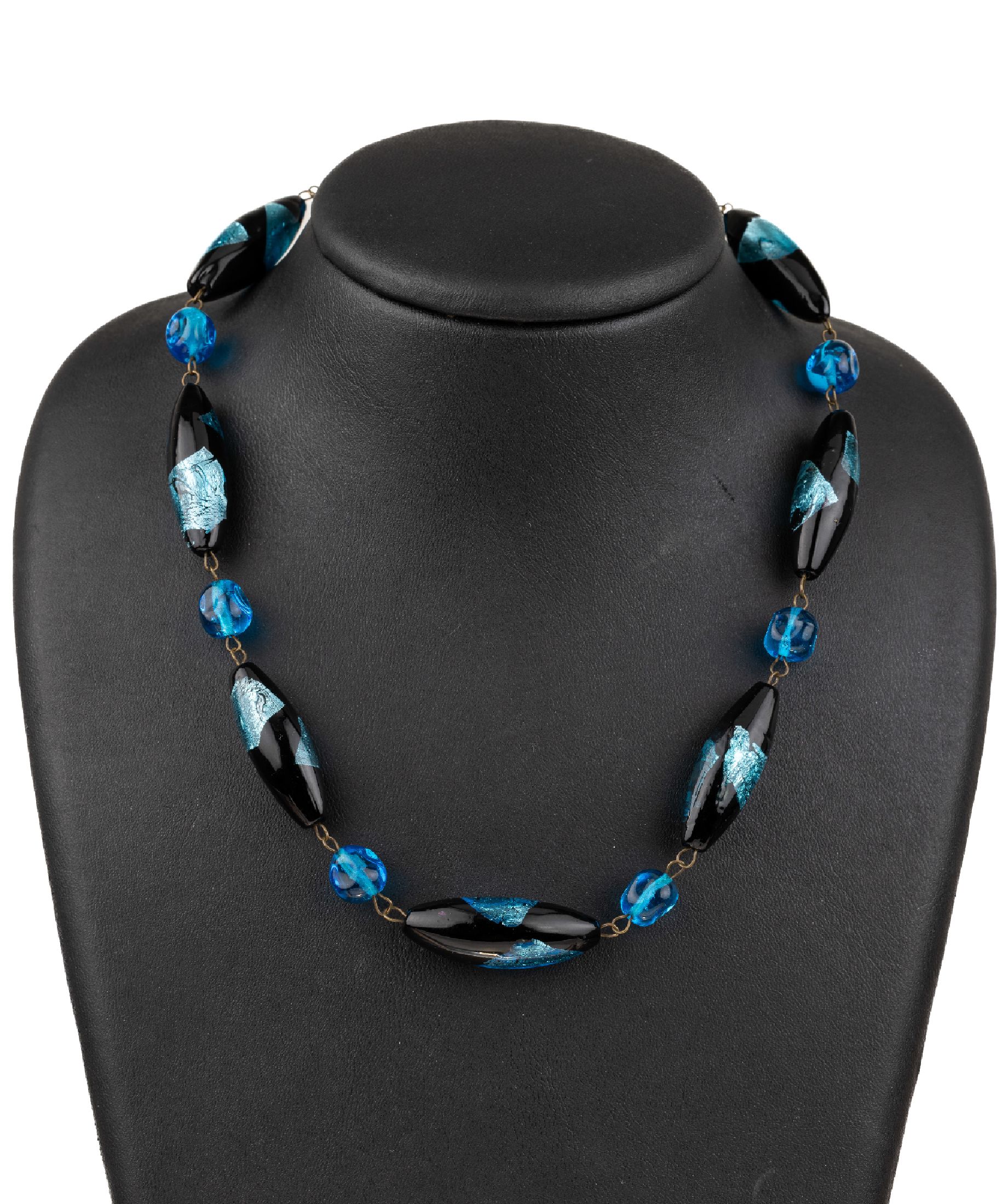 Muranoglascollier, Italien, 1930er Jahre, schwarze Glasoliven mit türkisfarb. Einschmelzungen, z.T. mit Silberfolien-Effekt,blaue ...