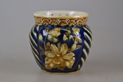 26704504b - Decorative vase, Vilmos Zsolnay, Pecs, Hungary, around 1878, ceramic, cream-colored body, royal blue glazed, gold decoration, floral and wave decoration in relief, edge with breakthrough work, form 3317 used 1873 - 1879, mark 1878-1896, traces of age, H. 6.1 cm, D. 7 cm