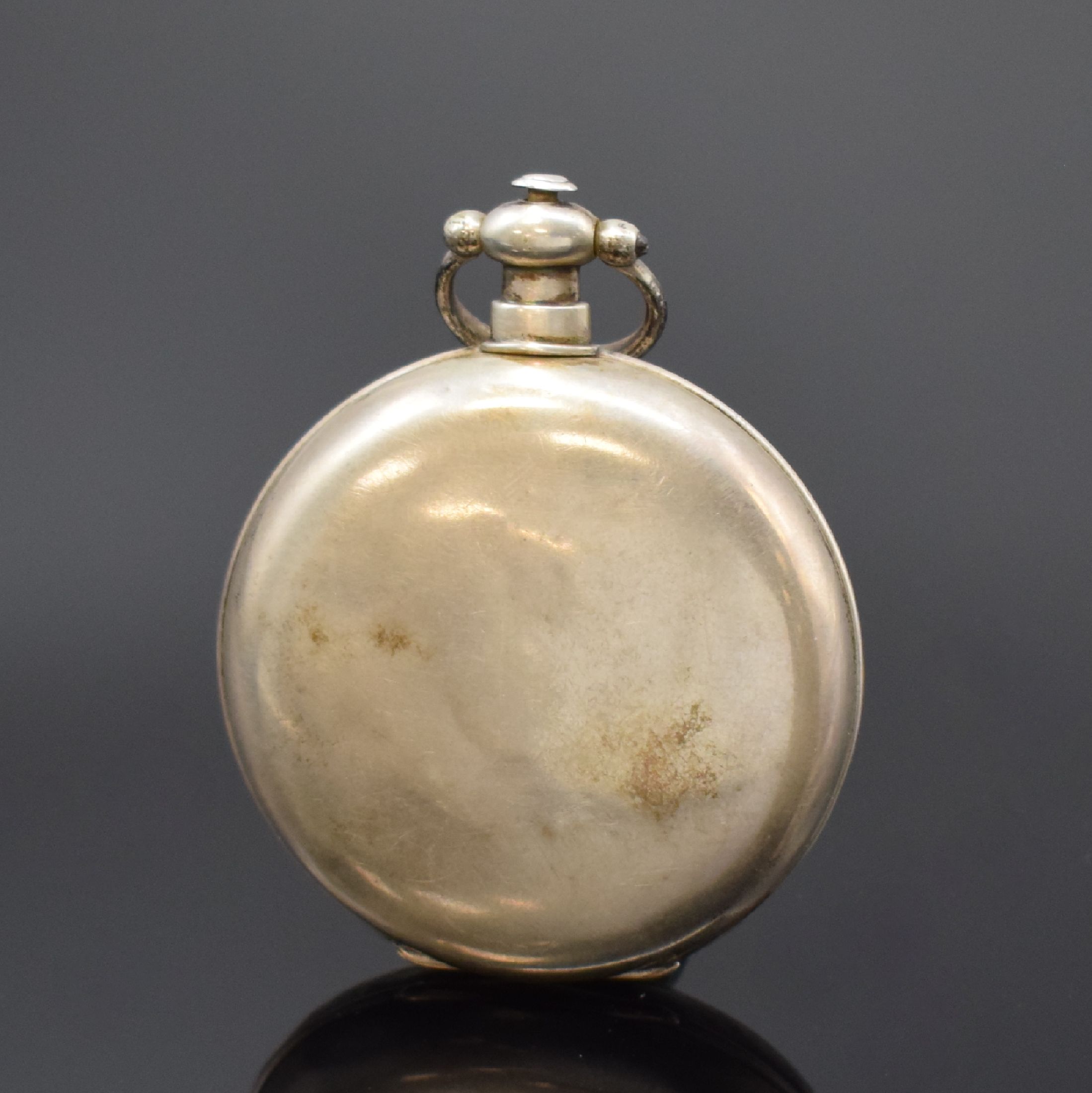 Detail b: Offene Taschenuhr für chinesischen Markt, Schweiz um 1880, Silbergehäuse, bemaltes Zifferbl. m. röm. Zahlen, Scheinpendel b. 6, gebl. ...