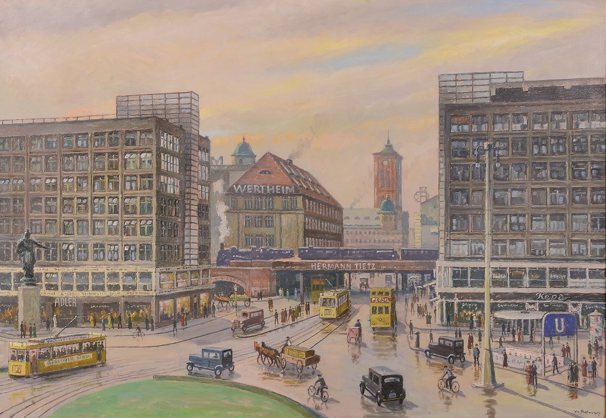 Waldemar Sewohl, 1887 Rostock-1967 Berlin, Ansicht aus Berlin, Alexanderhaus und Berolinahaus vom Architekten Peter Behrens (1868-1940), Öl auf Lwd, ...