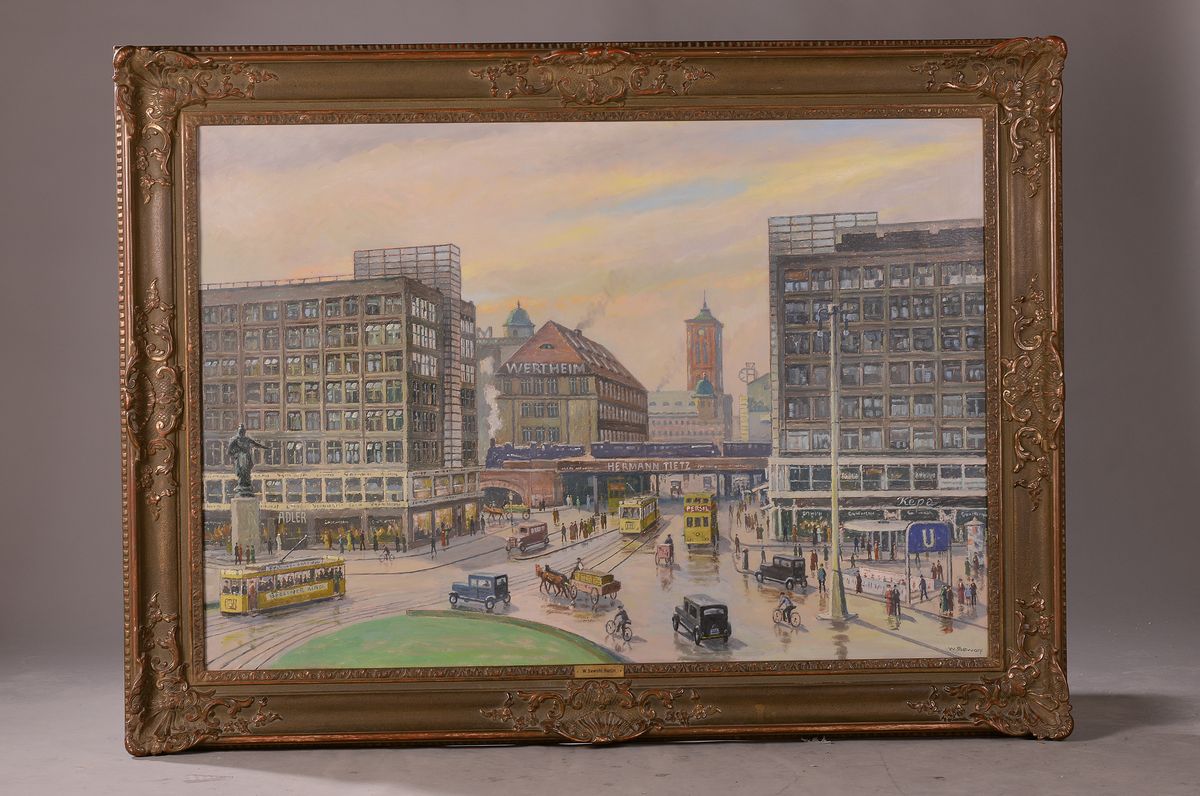 Detail k: Waldemar Sewohl, 1887 Rostock-1967 Berlin, Ansicht aus Berlin, Alexanderhaus und Berolinahaus vom Architekten Peter Behrens (1868-1940), Öl auf Lwd, ...