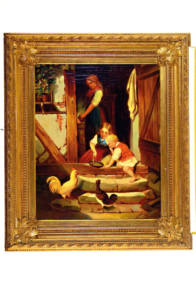 Detail k: Unbekannter Genremaler des 19. Jh., Mutter und Kinder an der Haustür, davor Hahn und Henne, Öl/Lwd, unsigniert, altersbedingt krakeliert, ca. ...