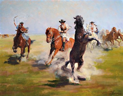 Image 26705956 - Istvan von Somogyi, 1897 Ogyalla-1971 Budapest, studied at the Budapest Academy, wasactive in Germany, particularly known for his dynamic horse pictures, here: three riders anda herd of wild horses in the Puszta, oil/canvas, approx. 84x106cm, approx. 9cm widebaroque style frame