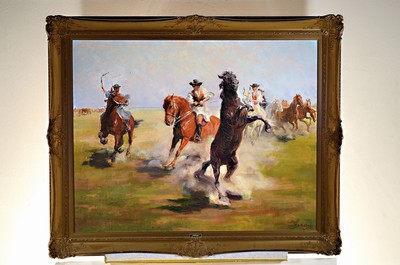 26705956k - Istvan von Somogyi, 1897 Ogyalla-1971 Budapest, studied at the Budapest Academy, wasactive in Germany, particularly known for his dynamic horse pictures, here: three riders anda herd of wild horses in the Puszta, oil/canvas, approx. 84x106cm, approx. 9cm widebaroque style frame